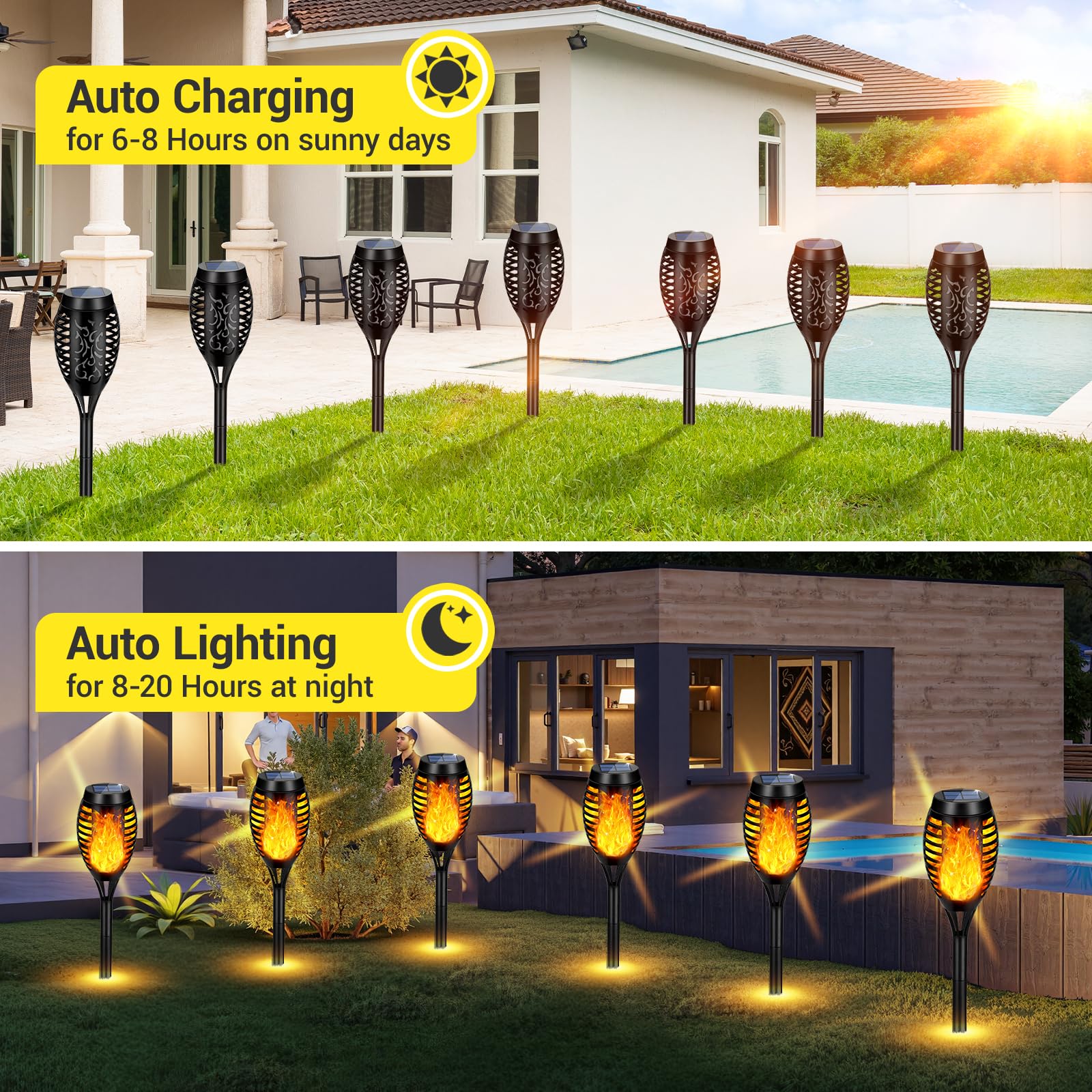 AOUNQ Solar Torch Lights, Upgraded 10 Pack, Waterproof Flickering Flame, Yellow, AO-USA 03-10Y