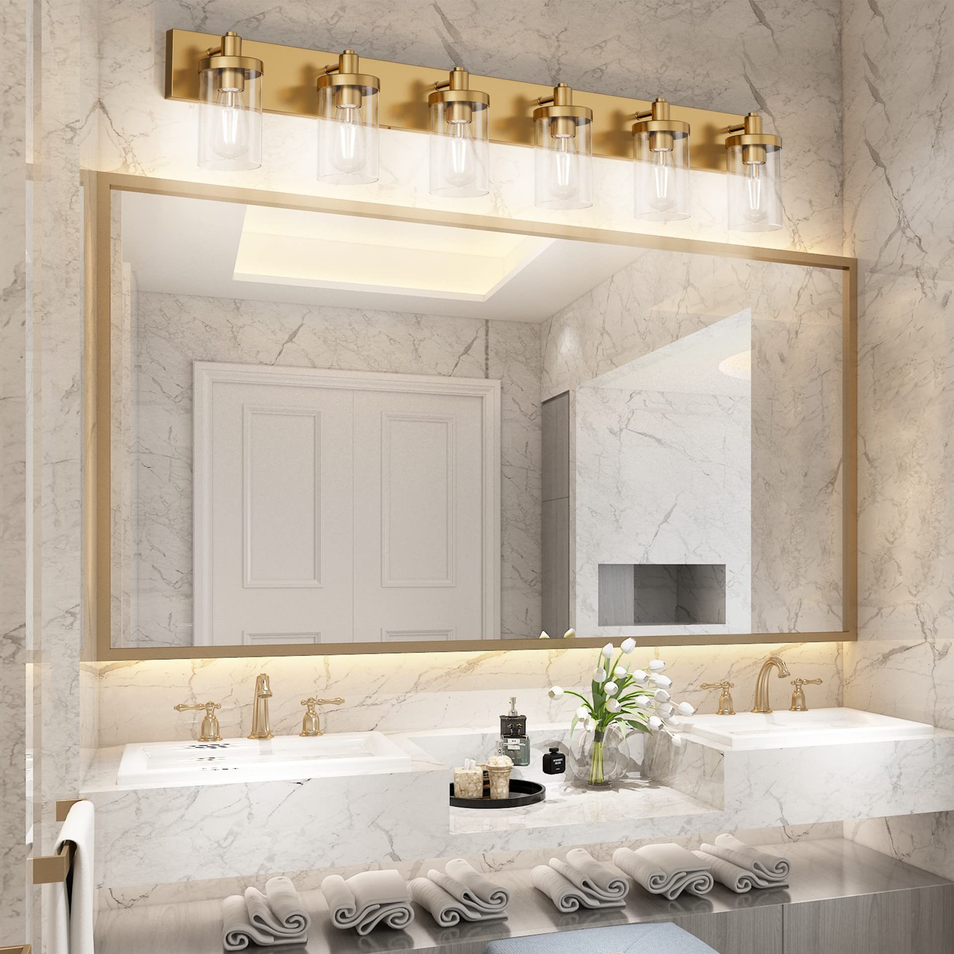 Aipsun Gold Bathroom Vanity Light, 6-Light, Aluminum, Model GW-1136, Clear Glass Shade