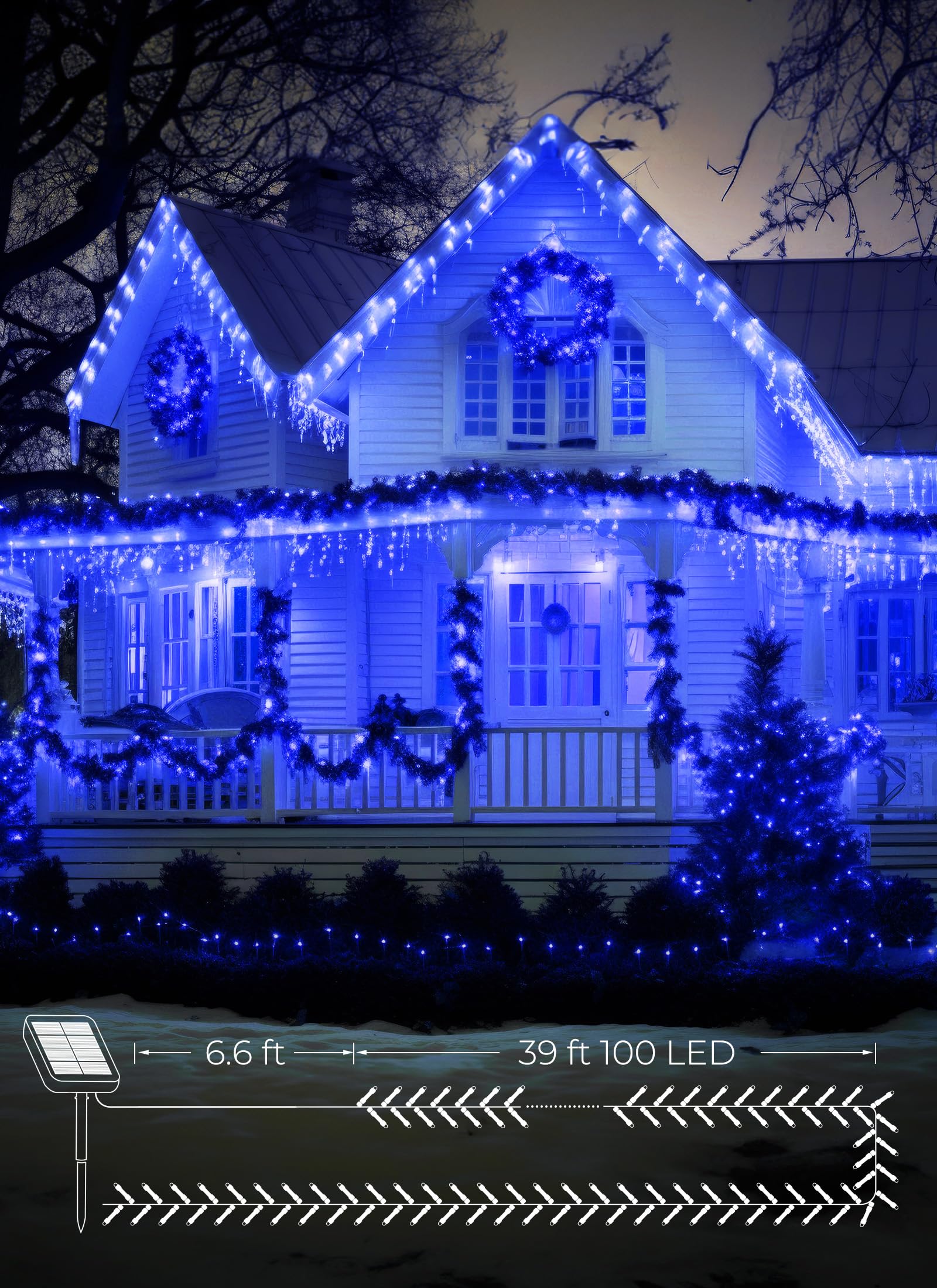 Brightown 100Led Solar String Lights Outdoor  Solar Powered Lights Ip65 Waterproof For Party Garden Yard Home Holiday Tree Decoration Lighting (Blue  100Led-1Pack)