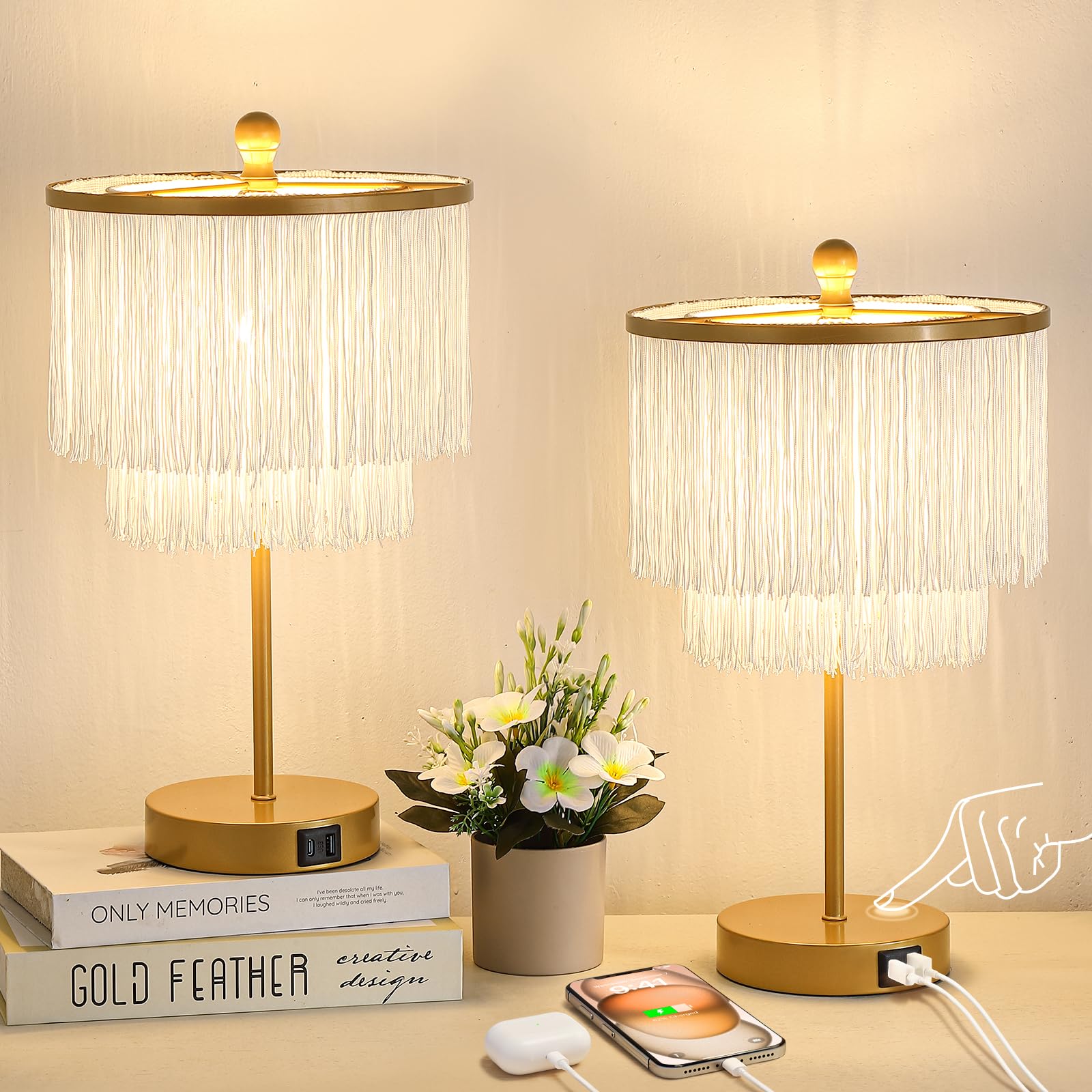 Lovlast Bedside Lamps Set of 2, 3-Way Dimmable Touch with USB Port, White, Model T4564-A
