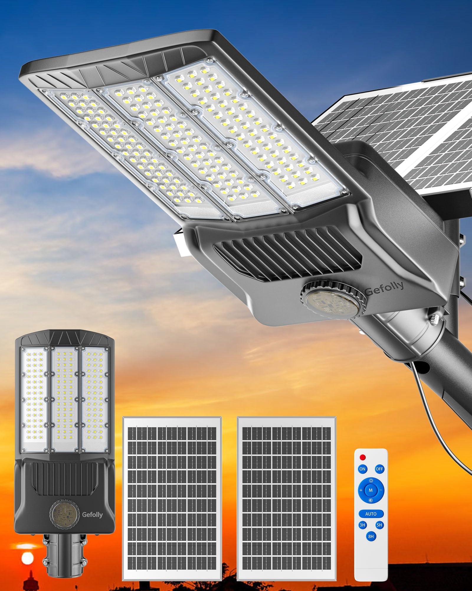 Gefolly SL-8800W Solar Street Light, 550000LM, IP67 Waterproof, 6500K, Black, for Outdoor, Parking Lots, Yards, Basketball Courts
