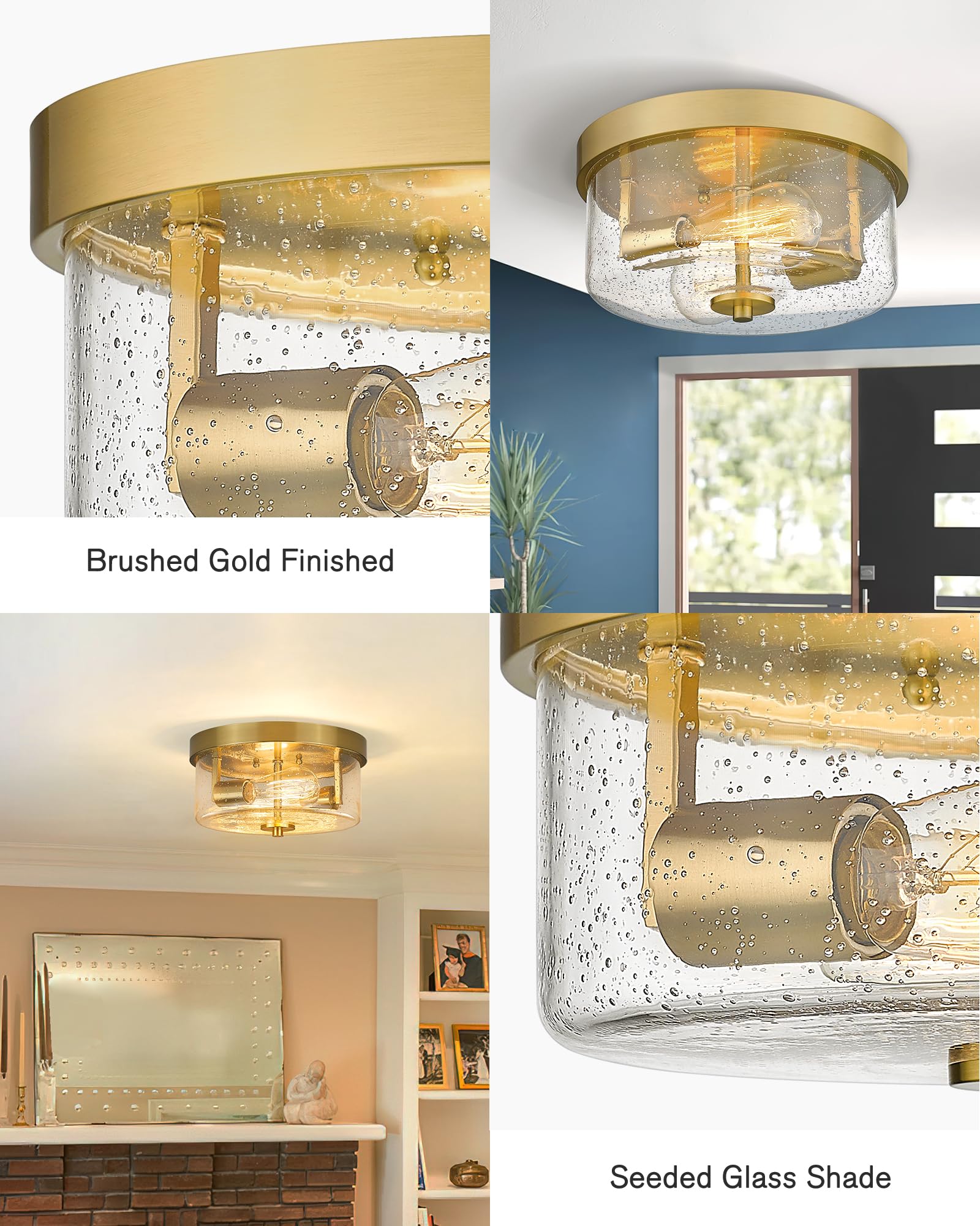 Emak Brushed Gold Flush Mount Ceiling Light, 2 Light Fixture With Seeded Glass Shades, 11&quot;