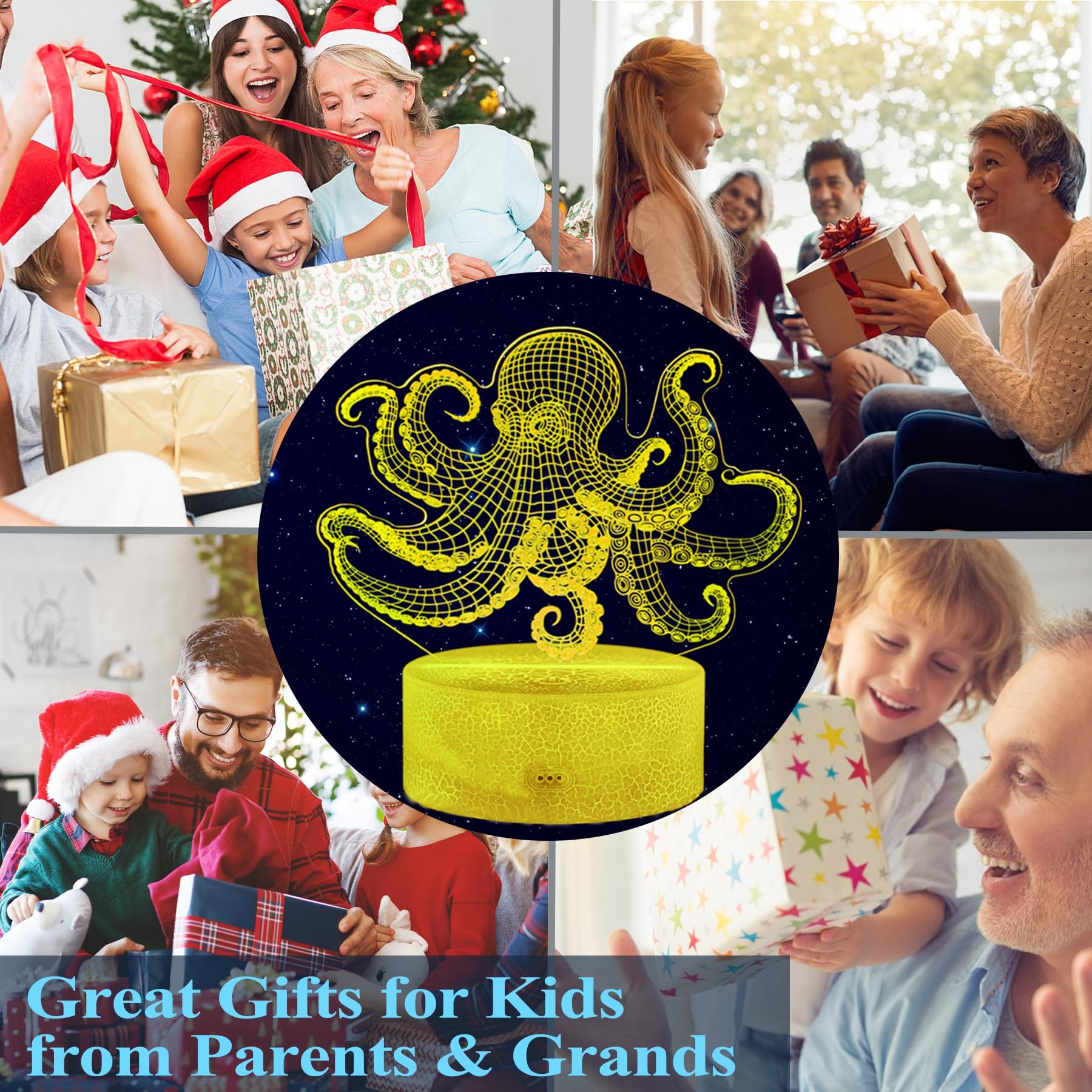 Posshe Octopus Night Light, 3D Illusion Night Light Lamp, Octopus Stuff With 16 Colors Changing, Remote Control And Dimmable, Ki