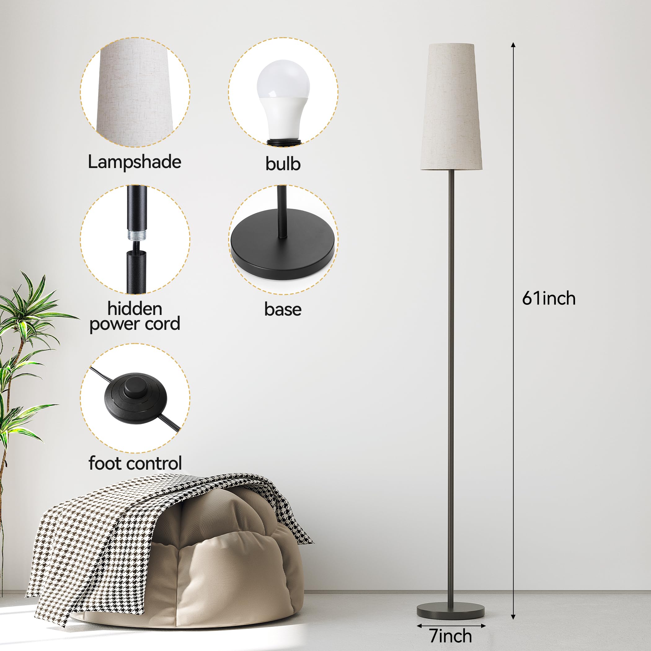 SUNMORY Floor Lamp with LED Bulb, 3 Color Temperatures, Iron, Beige Lampshade, Tall Standing Light for Living Room/Bedroom/Office