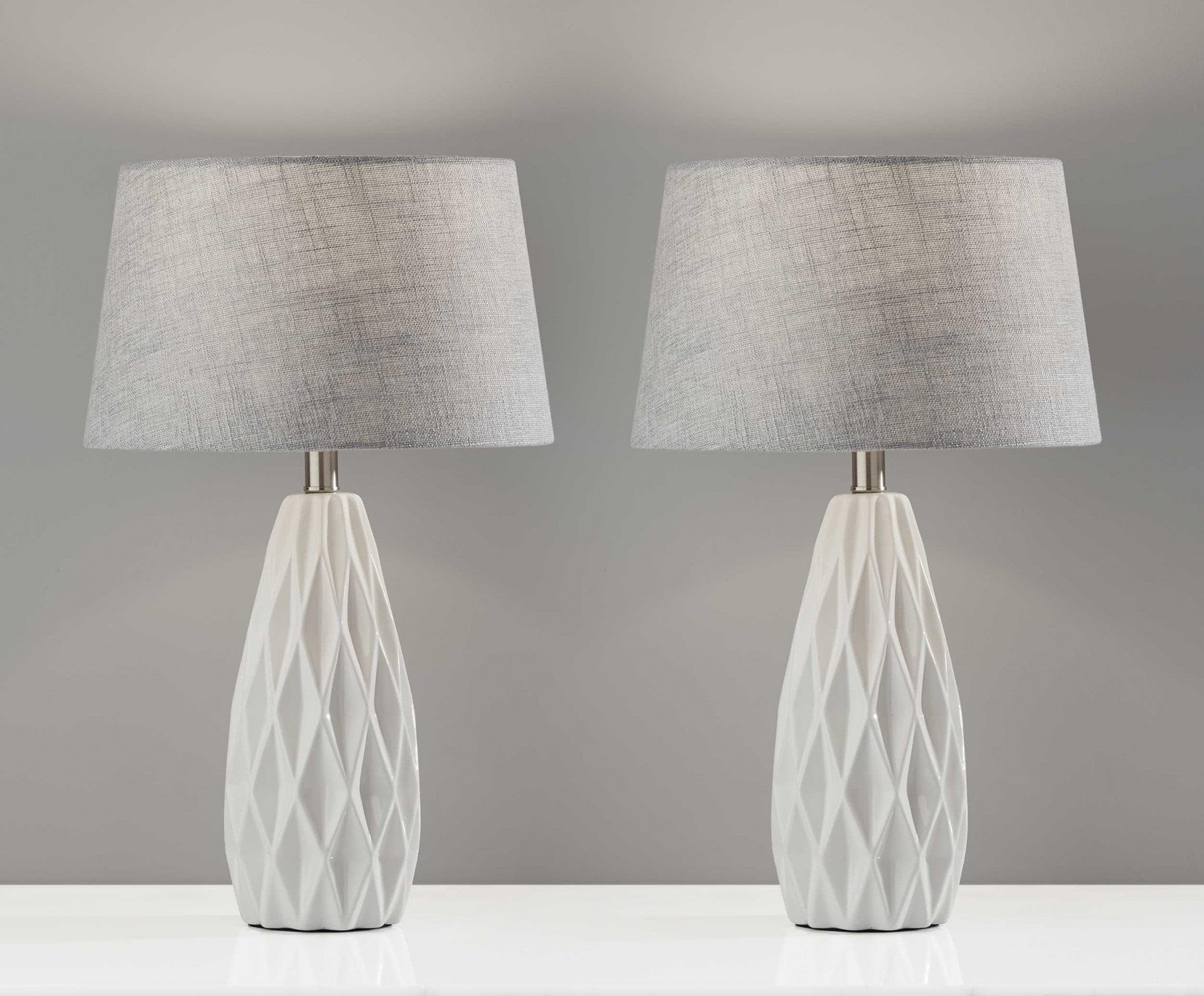 HomeRoots Table Lamp Set of 2, White Ceramic Geometric Base Design