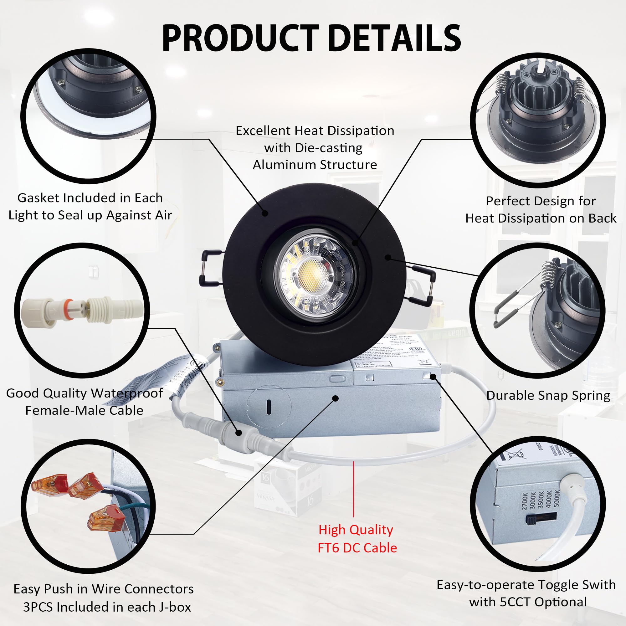POPANU Canless Recessed Gimbal Downlight 8W Dimmable 5 CCT 3 Inch Black Round Trim, Model 8414797652885, 6 Pack