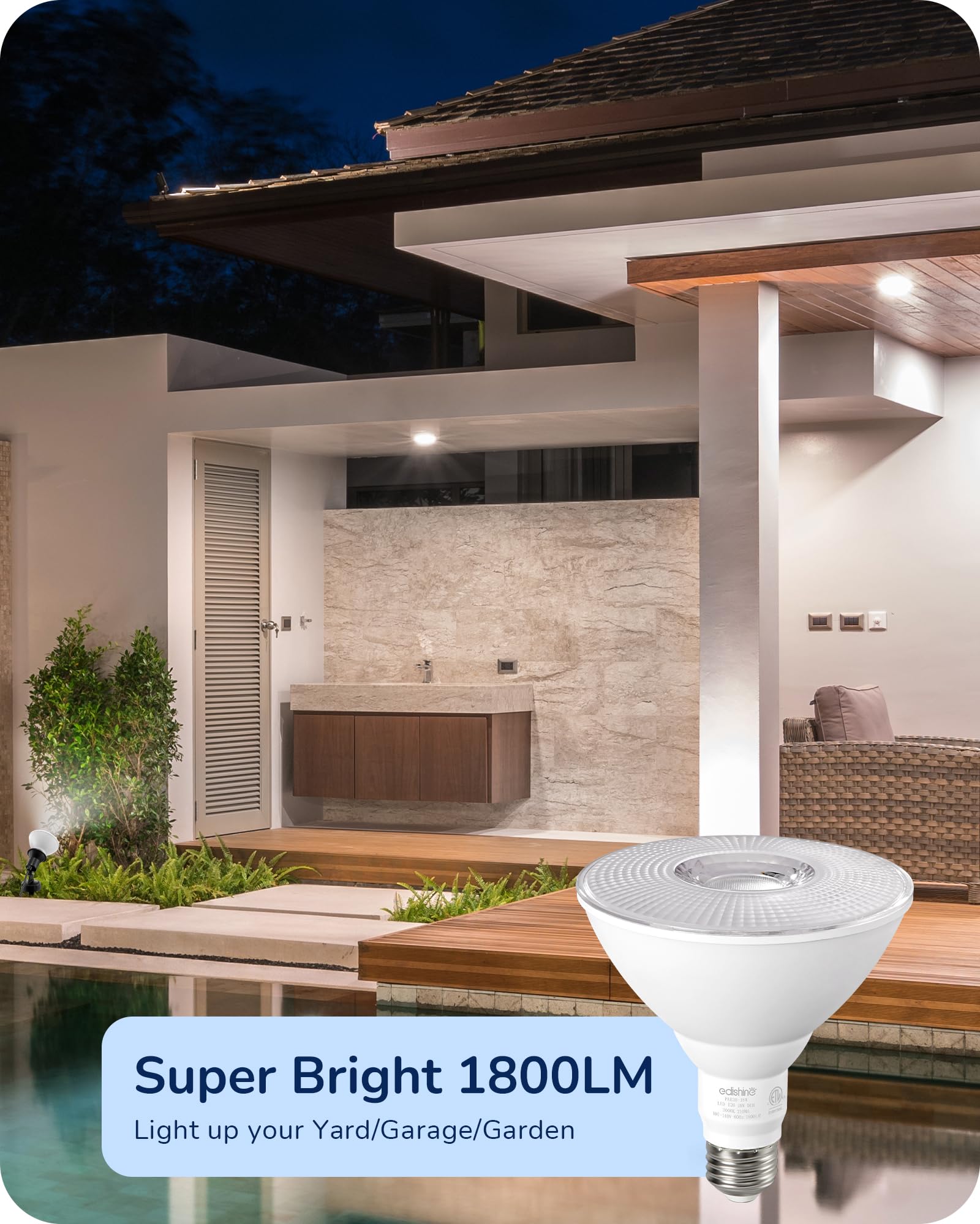 EDISHINE PAR38 Flood Light Bulbs, 18W Equivalent, Dimmable, Weatherproof, 5000K Daylight, 1800LM, E26, 4 Pack