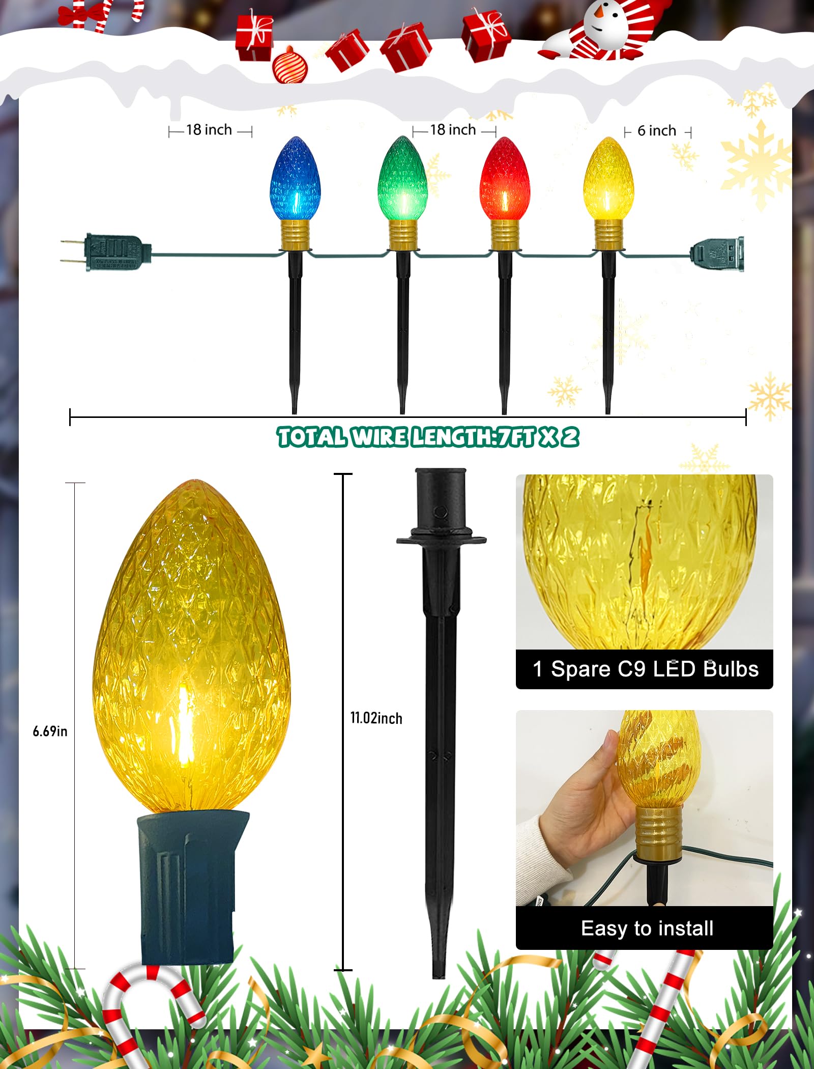 GOOTHY Jumbo C9 Christmas Pathway Lights, 2 Pack 7FT, Multicolor Strawberry LED Bulbs for Outdoor Holiday Lawn Decor