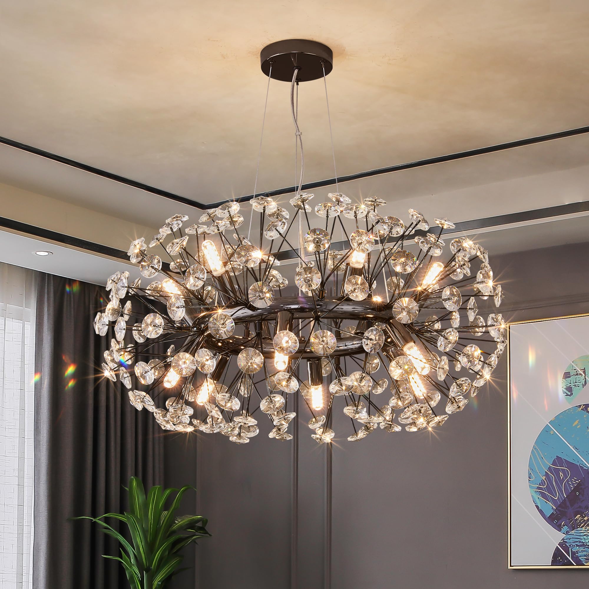 Modern Firework Chandelier, Farmhouse Black Crystal Round Dandelion Sputnik Chandeliers, 23.62'' Contemporary 12-Light Pendant H