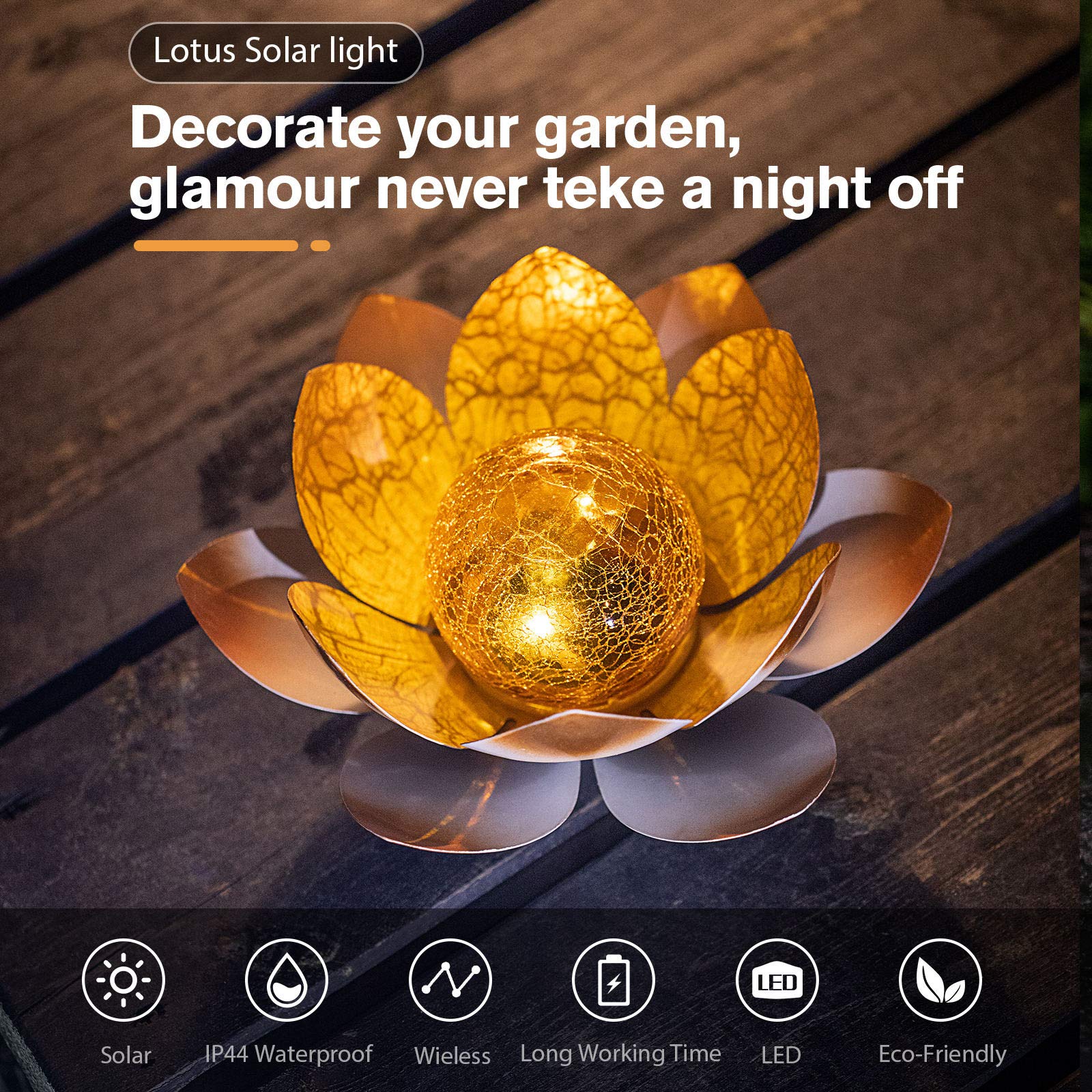 Aiiny Garden Solar Lights Outdoor(2Pack) , Amber Crackle Globe Glass Lotus Decoration , Waterproof Orange Metal Led Flower Light