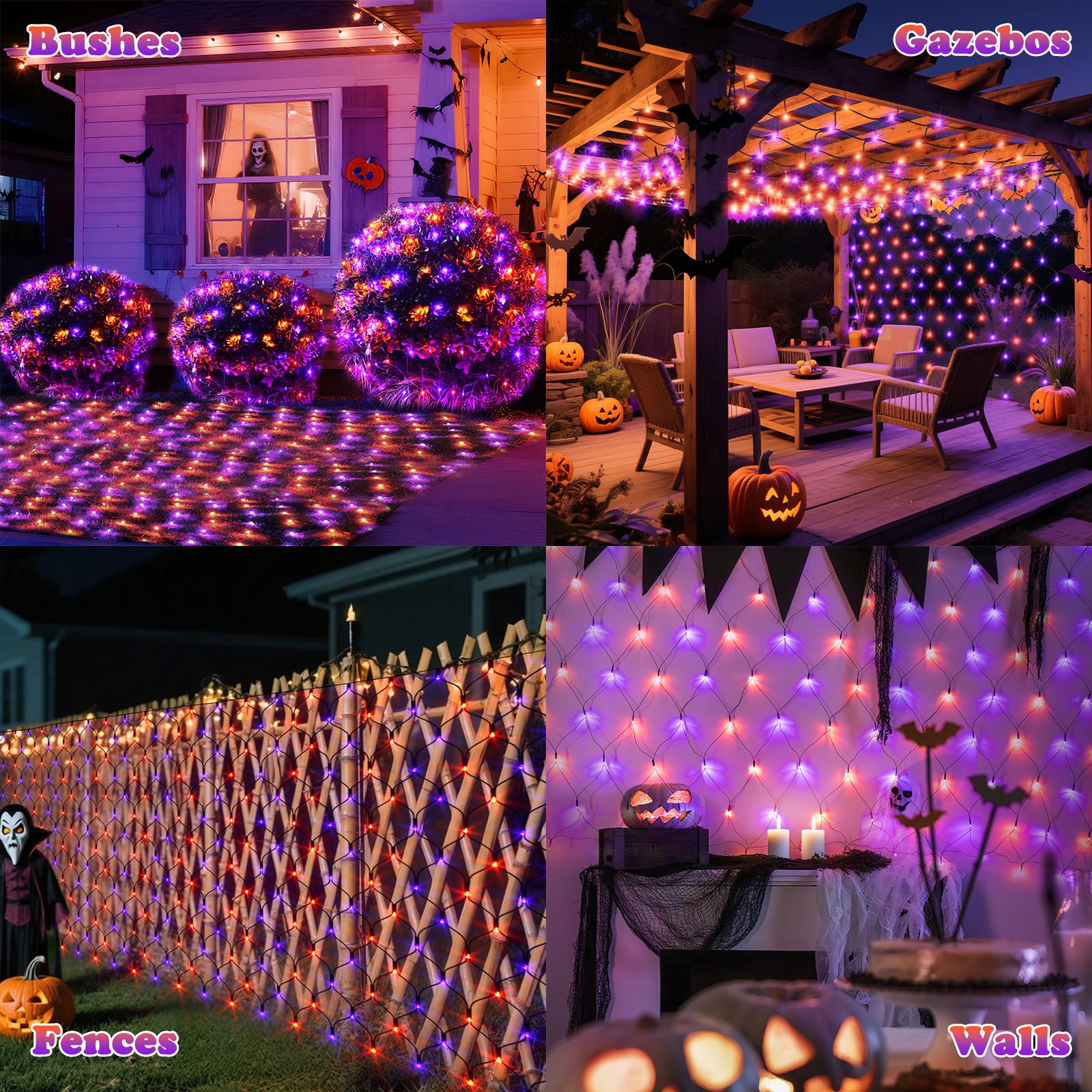 Lithome 14.8Ft X 5Ft Halloween Net Lights  300 Led Purple Orange Bush Lights With 8 Modes  Connectable Waterproof Net Mesh Light Dark Green Wire For Bushes Shrubs Trees Outdoor Holiday Decor