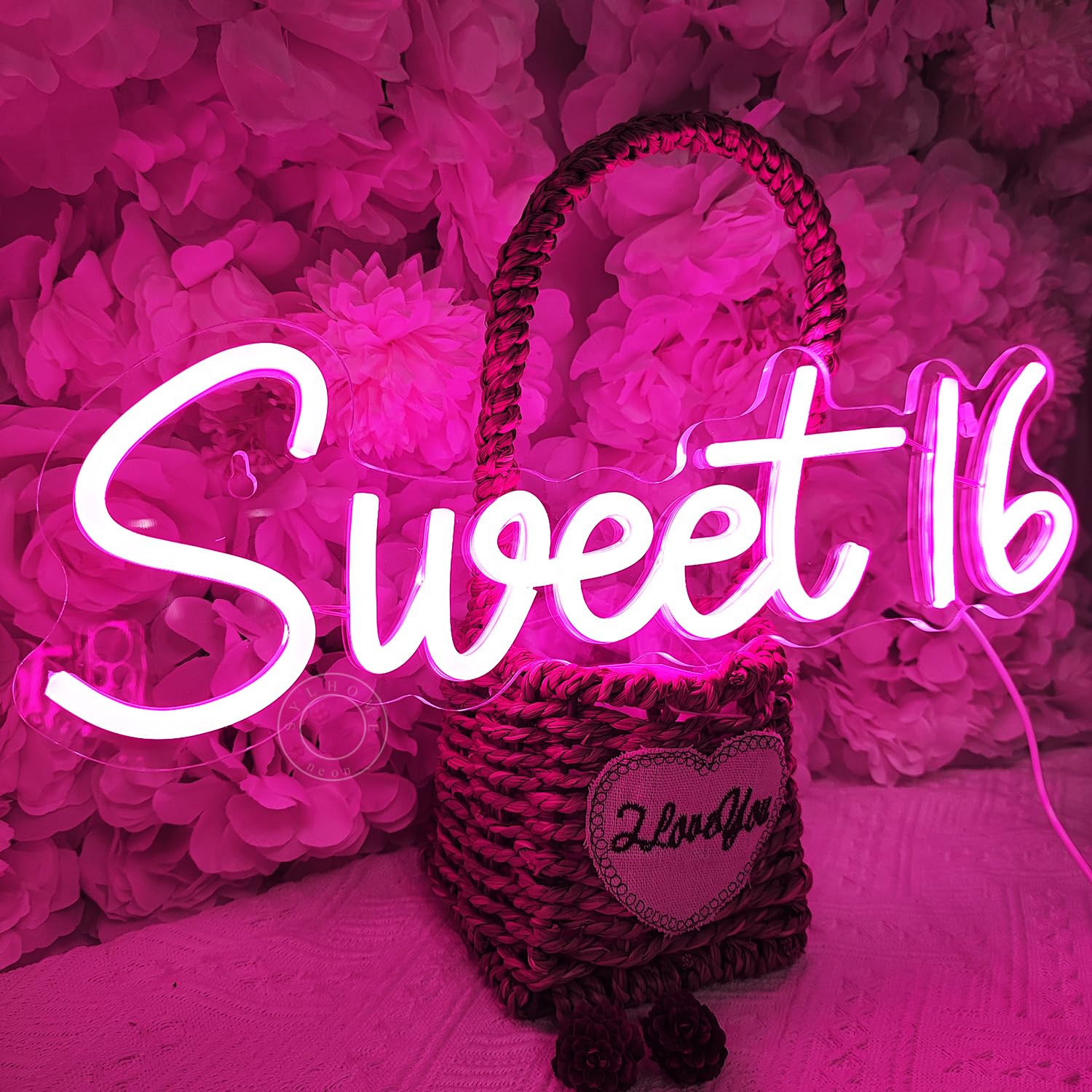 SYLHOME Pink Sweet 16 LED Neon Light Sign - 15.75" x 5" - Crystal & Acrylic Birthday Wall Decor for Girls - Model NS-ZF5VD-Sweet1602