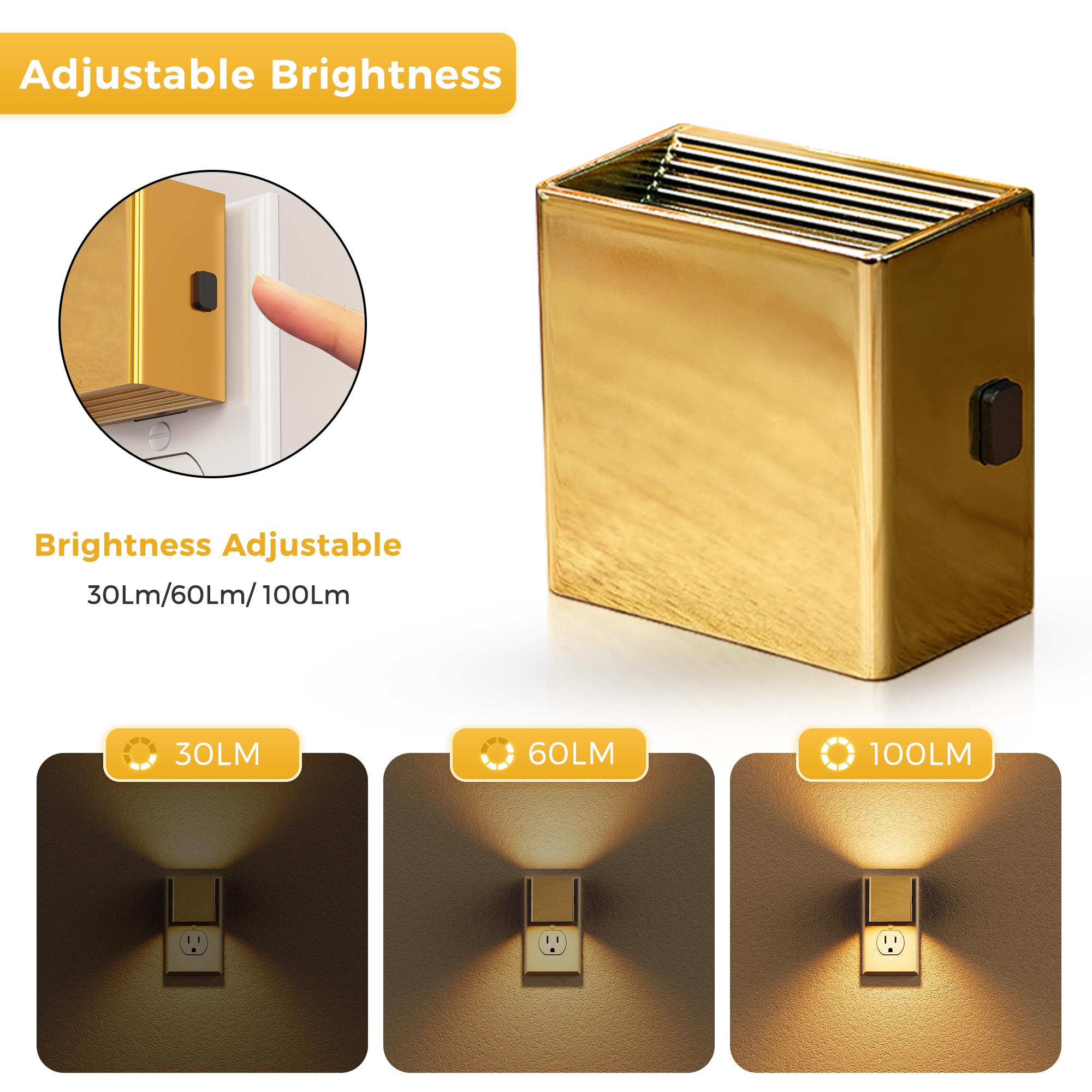 L Lohas Led Night Light,Night Lights Plug Into Wall,[2-Pack] Dimmable Night Light With Light Sensor,3000K Warm White,Gold Nightl