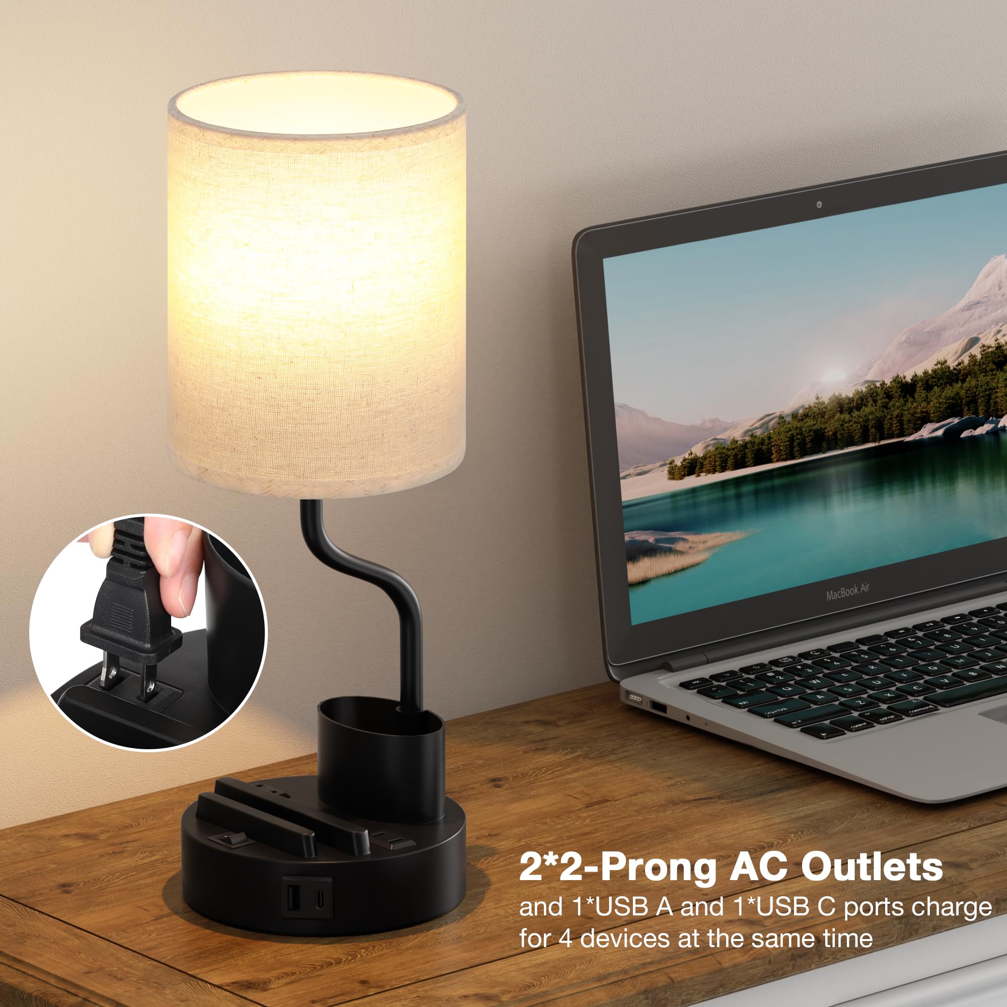 Bedside Table Lamps For Bedroom Set Of 2 - Nightstand Light With Ac Outlet And Usb A & C For Charging, 3 Color Temperatures Desk