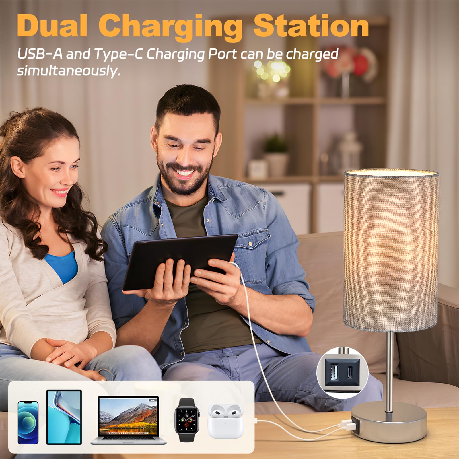 AKASUKI Table Lamp, 3 Way Dimmable, Touch Control, Fabric, 14.25 in, Grey Shade-Silver Base, Model XTD-Y, LED Bulb Included