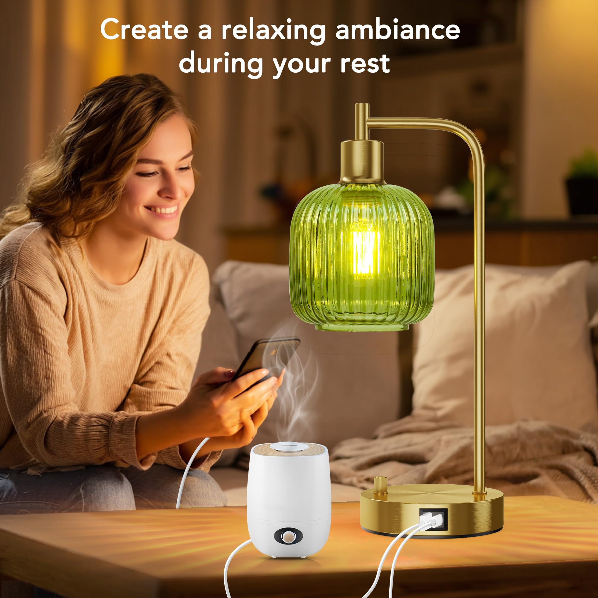 QiMH Industrial Table Lamp Set of 2, Green Glass with USB Ports, Dimmable Gold Finish, Model STR-DL-0208, Ideal for Bedroom & Living Room