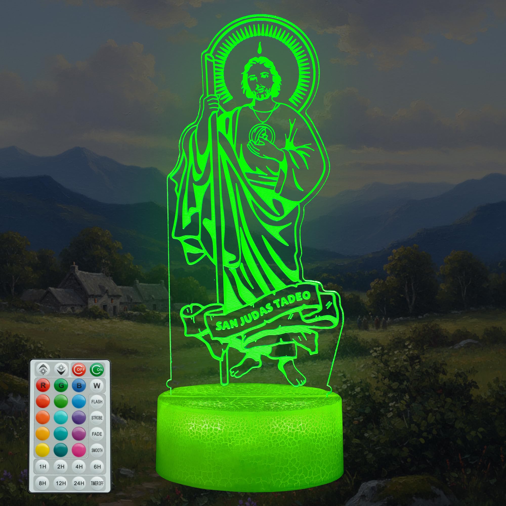 Posshe San Judas Tadeo Night Light  Jesus Gifts  3D Illusion Night Light With 16 Colors Changing  Remote Control With Timer  Kids Room Decoration For Holiday Birthday Christmas