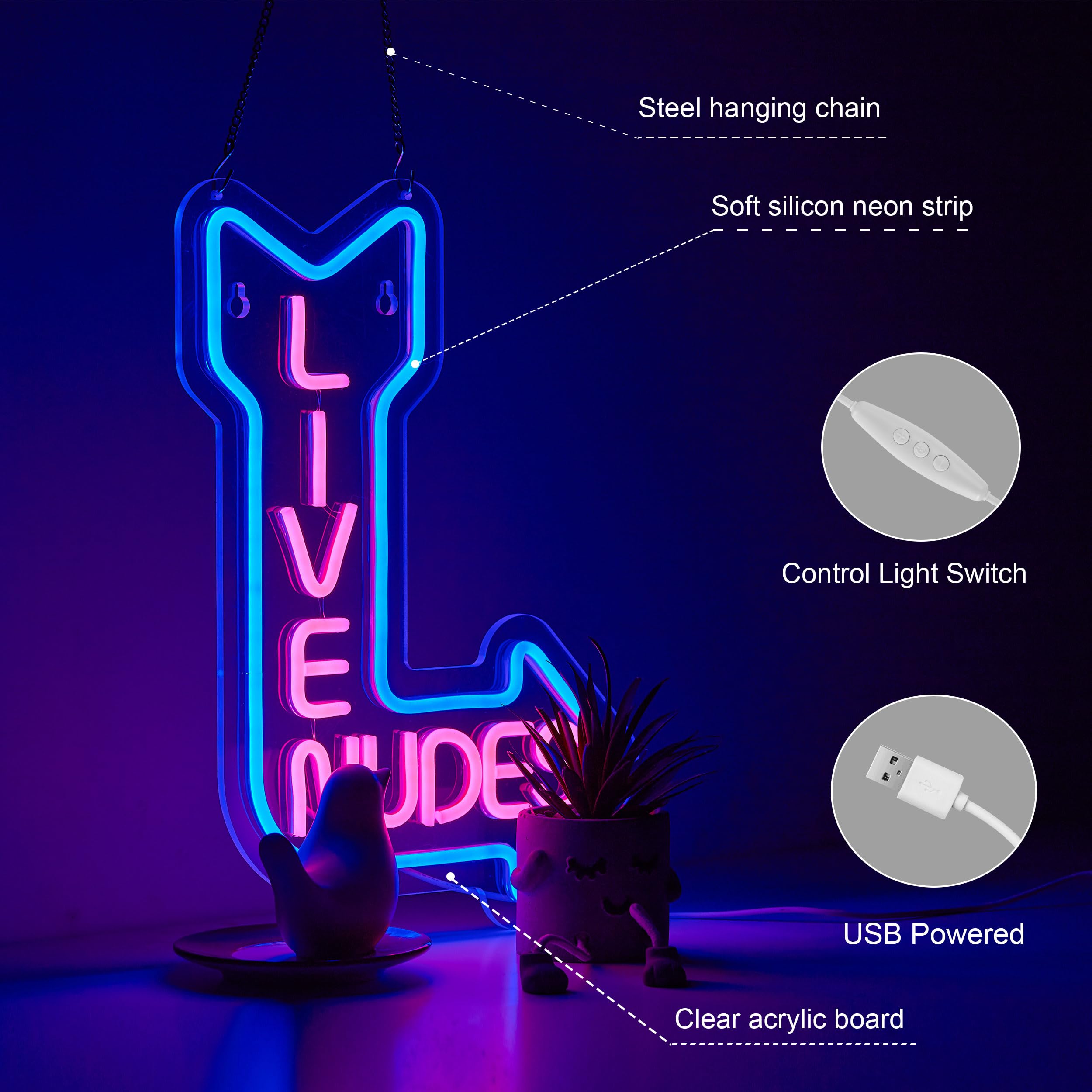 ZODZ Neon Sign Wall Decor for Man Cave, Bar, or Home Art - LED Light with Dimmer, 15x13 inches, Blue+Pink