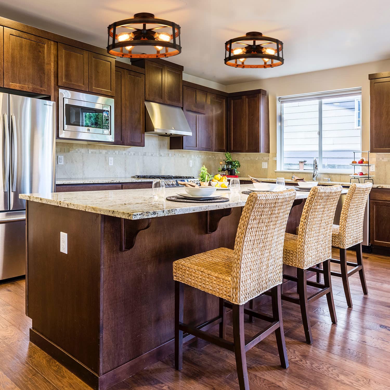 Voguad Semi Flush Mount Ceiling Light, Wood Drum Design, Brown, Rustic Style for Hallway, Entryway, Laundry Room, Bedroom