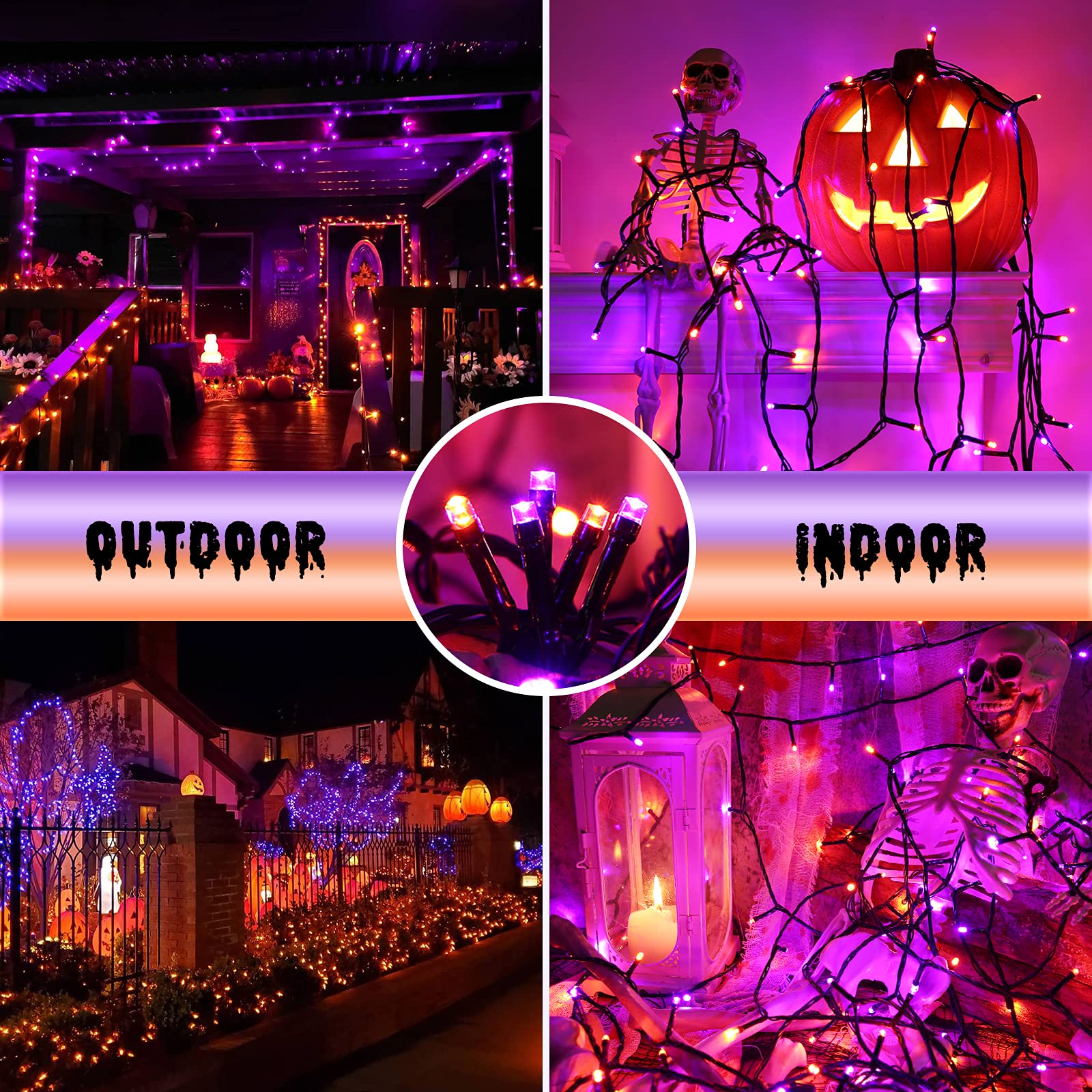 LYHOPE Halloween String Lights, 200 LED, 72ft, Waterproof, 8 Modes, Battery Operated, Orange & Purple