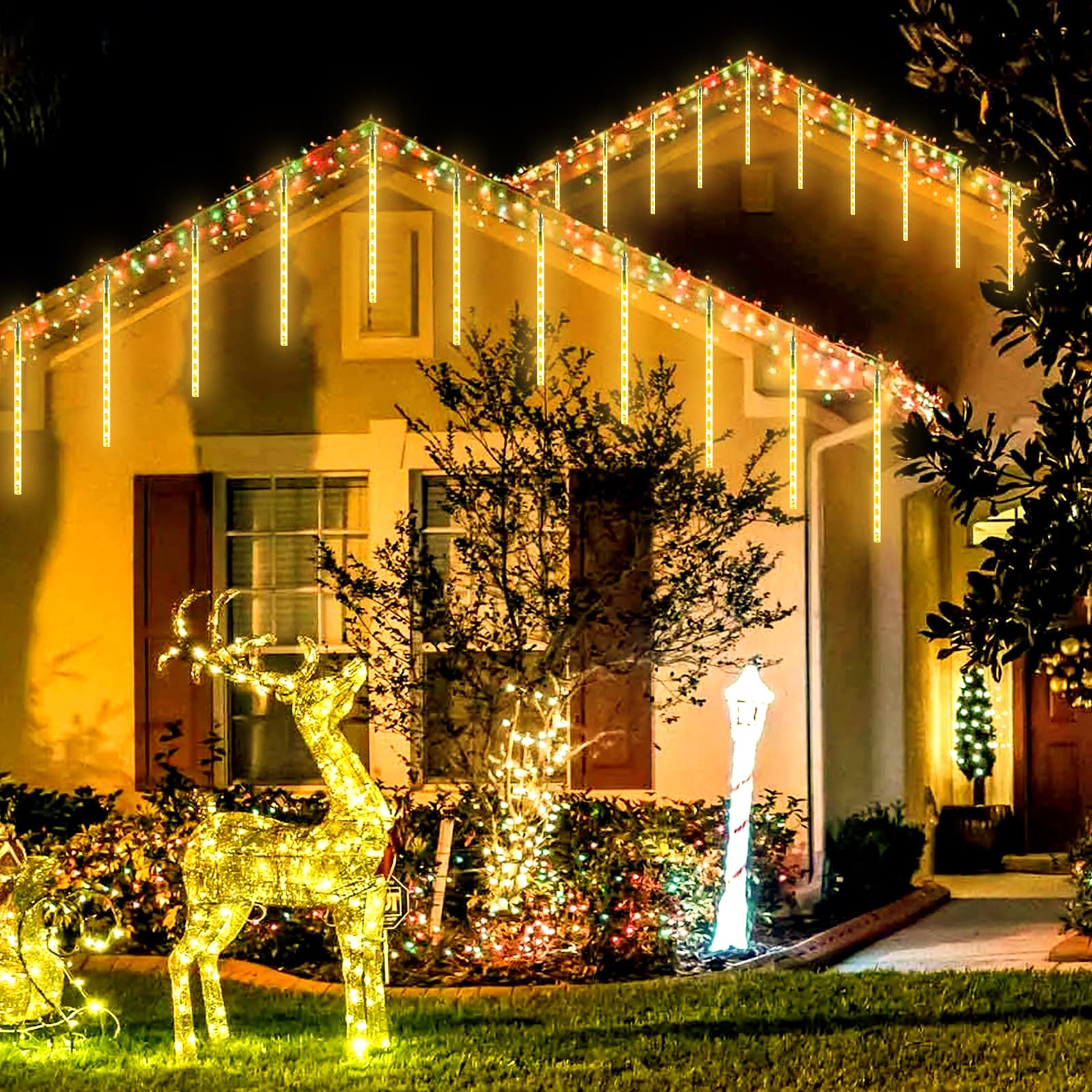 Jmexsuss 2 Pack Solar Meteor Shower Lights, 16 Tube 288 Led Warm White Meteor Christmas Lights, Solar Christmas Lights Outdoor Waterproof For Tree Christmas Decorations