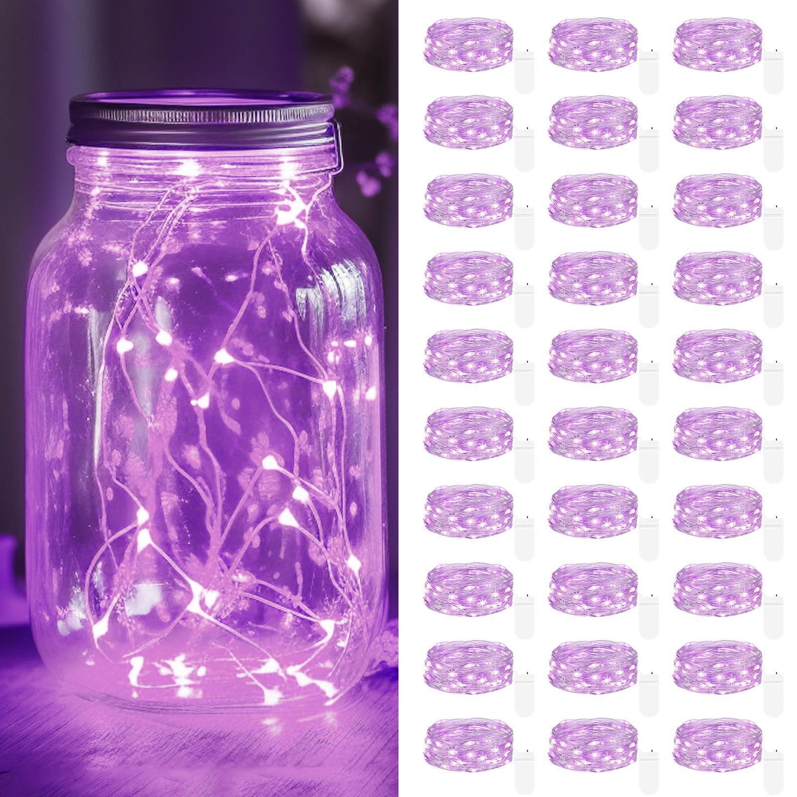 kolpop Fairy Lights Battery Operated 20 LED Purple String Lights 7 FT, 30 Pack, Copper for Mason Jars, DIY Decor