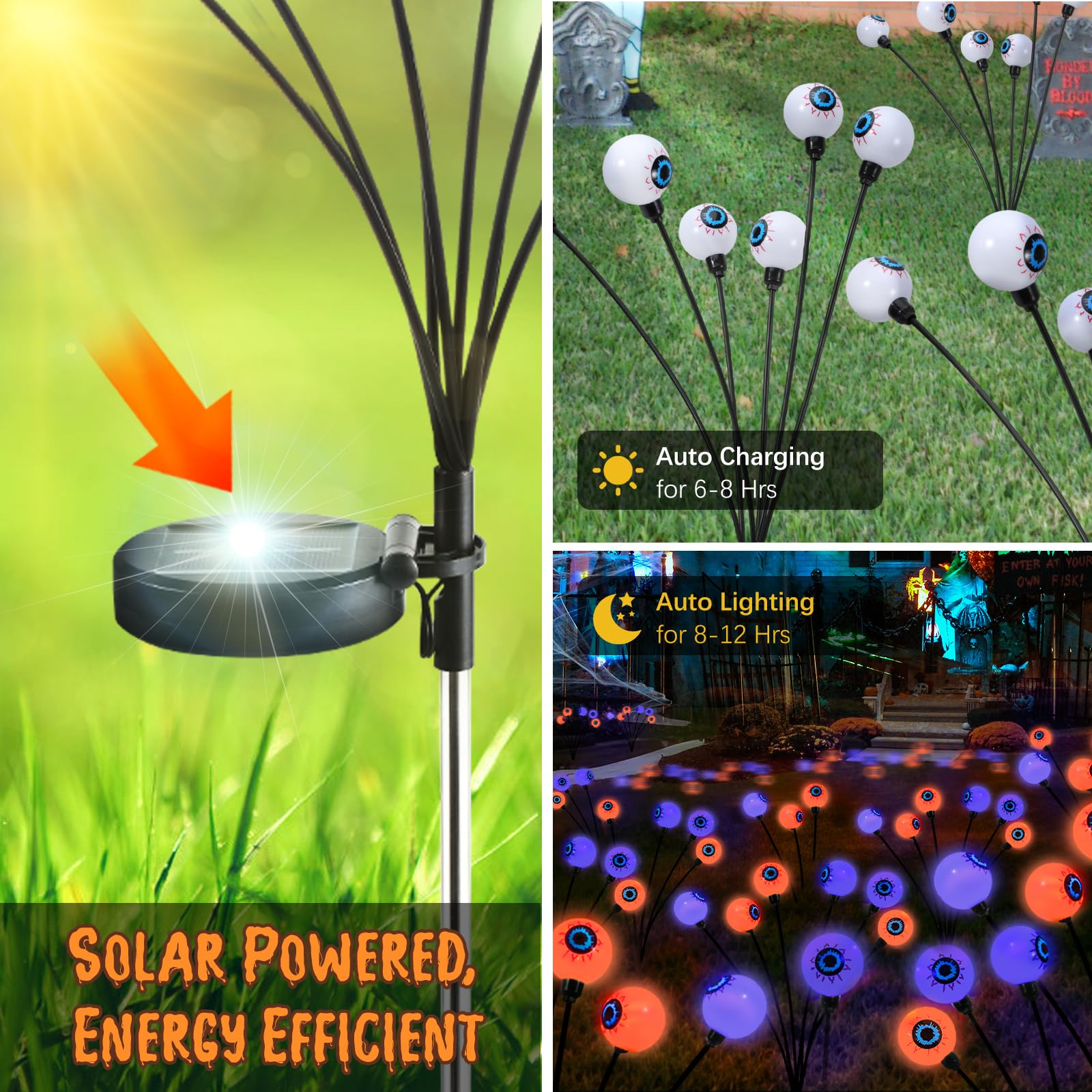 Lewondr Solar Garden Eyeball Lights, 6 Pack, Waterproof, Purple + Orange, Model HD250148