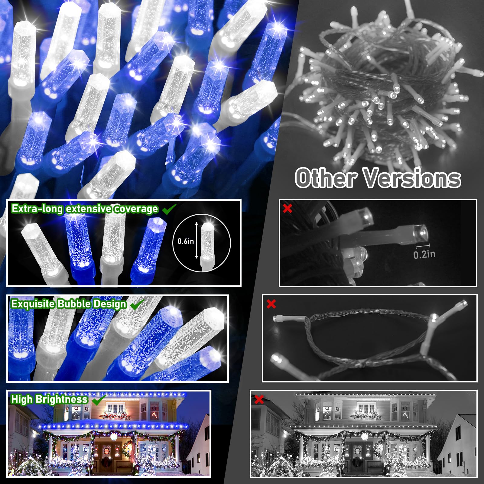 XURISEN 1000 LED Christmas Lights Outdoor, 403FT Blue and White String Lights with 8 Modes & Memory Timer, Model XUR-STG37