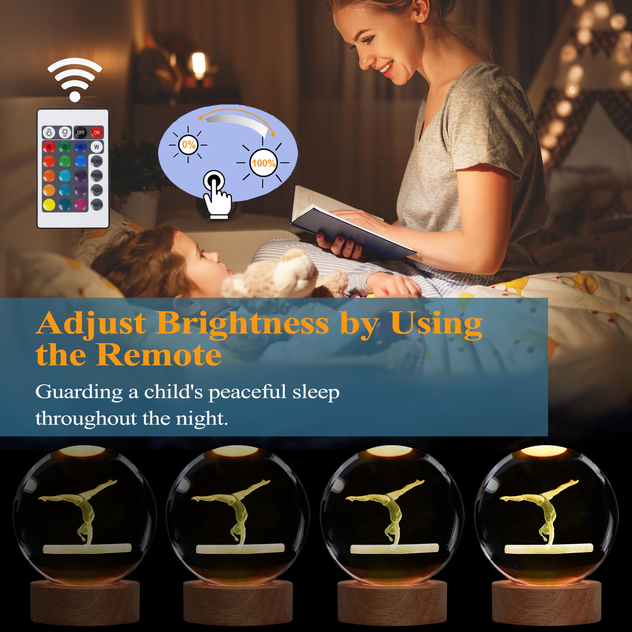 POSSHE Gymnastics Night Light - 3D Crystal Ball with Remote, 16 Colors, 3.15 in, Perfect Gift for Girls and Boys, Cool Room Decor