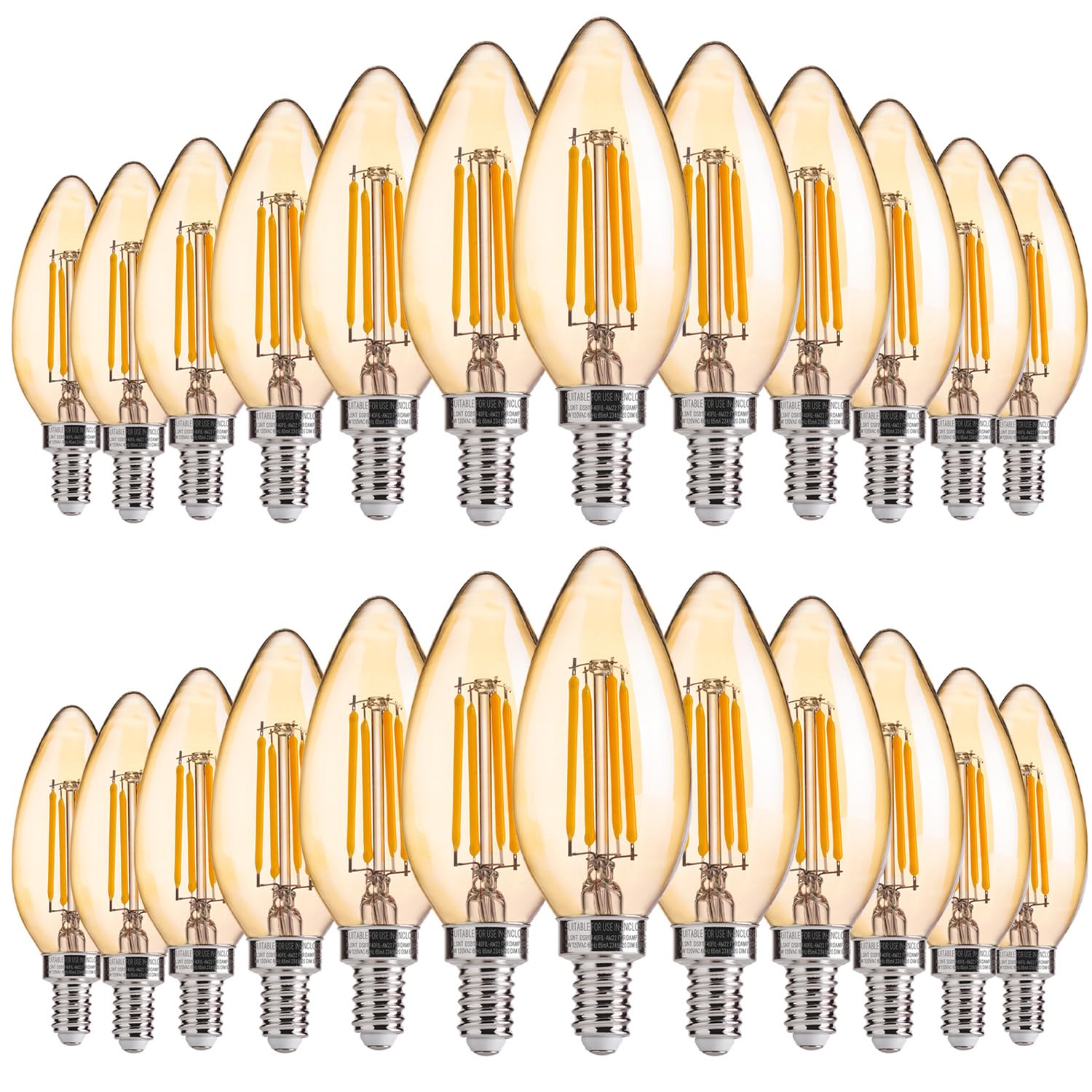 FLSNT Amber LED Candelabra Light Bulbs, 40W Equivalent, Dimmable, 330LM, 24 Pack, 2200K Warm White, Glass