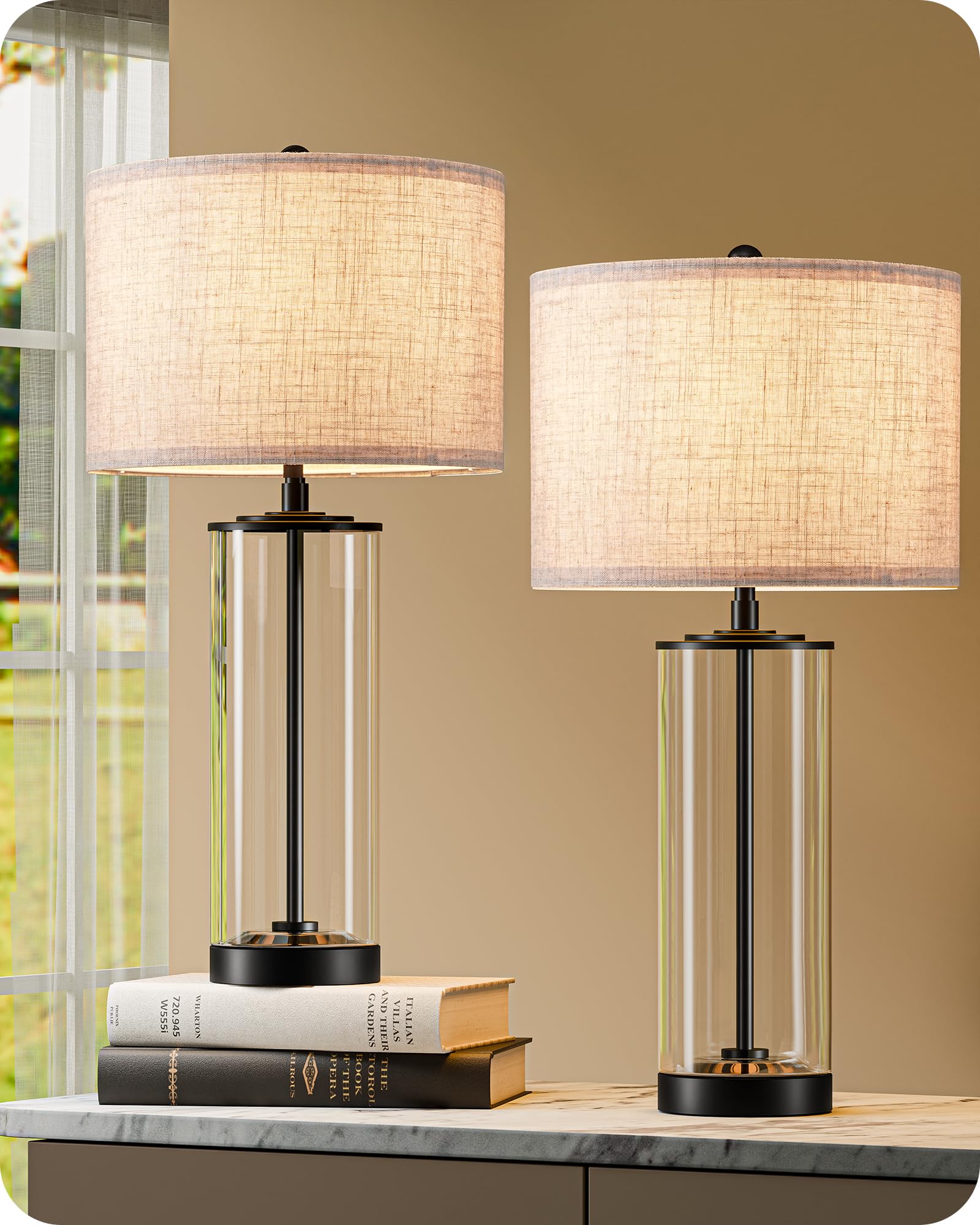 Edishine 23.6 Glass Table Lamp Set Of 2  Diy Refillable Bedside Lamp With Linen Lampshade & Rotary Switch  E26 Base  Nightstand Light For Living Room  Bedroom  Office