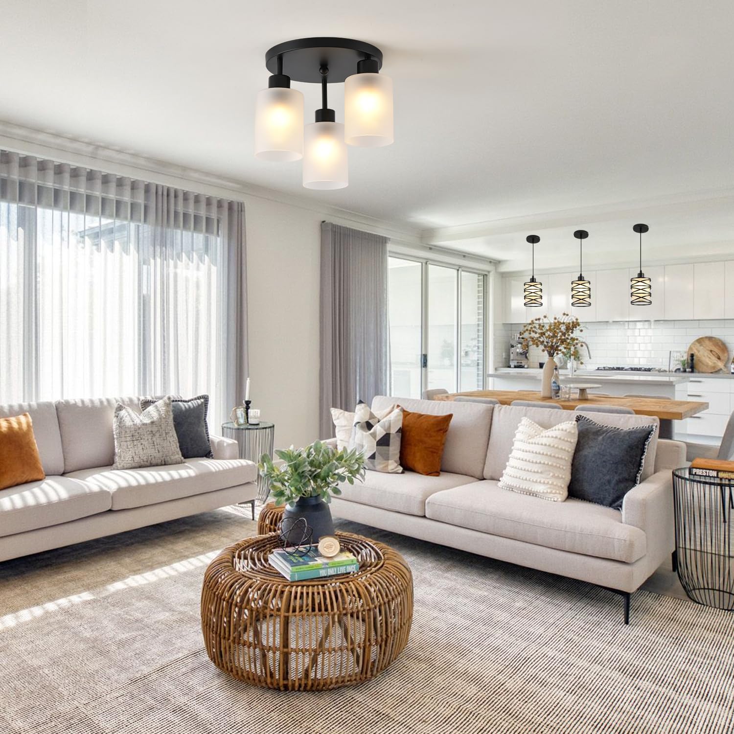 Ihengyanlt 3-Light Industrial Farmhouse Black Matte Light Fixtures Ceiling Mount, With Frosted Glass Shades Semi Flush Mount Cei