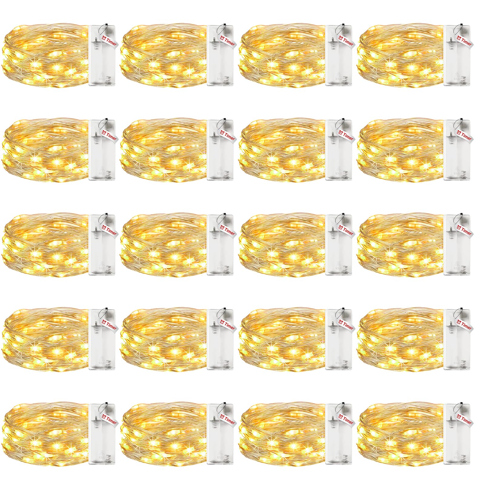 ?20 Pack?Fairy Lights Battery Operated with Timer, 7FT 20LED String Lights Waterproof Silver Wire Fairy Light Battery Powered Twinkle Lights for Bedroom Christmas Wedding Indoor Party Decor Warm White