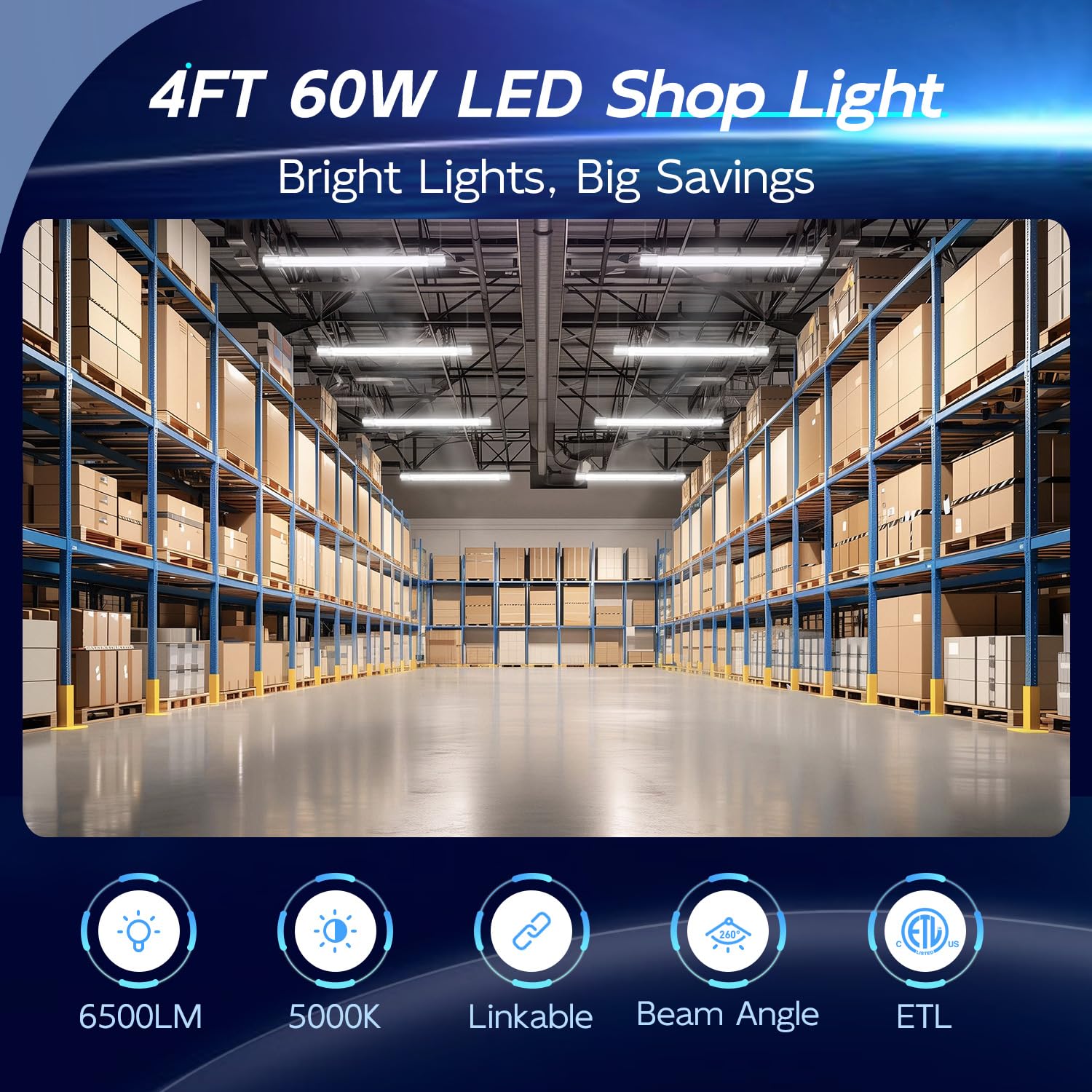 hykolity 4FT Linkable LED Shop Light, 6500lm, 60W, White, Model HB-Q10-50, Hanging or Surface Mount