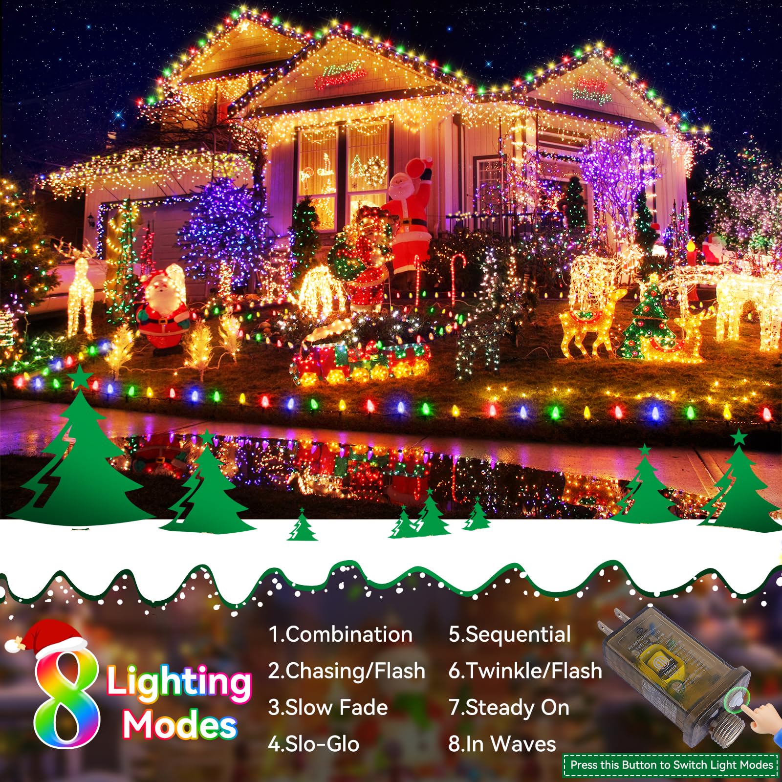 Heceltt 1300LED String Lights Outdoor, 512FT, Multicolor, 8 Lighting Modes, Waterproof, Timer, Model BG-CL3M3-306L01