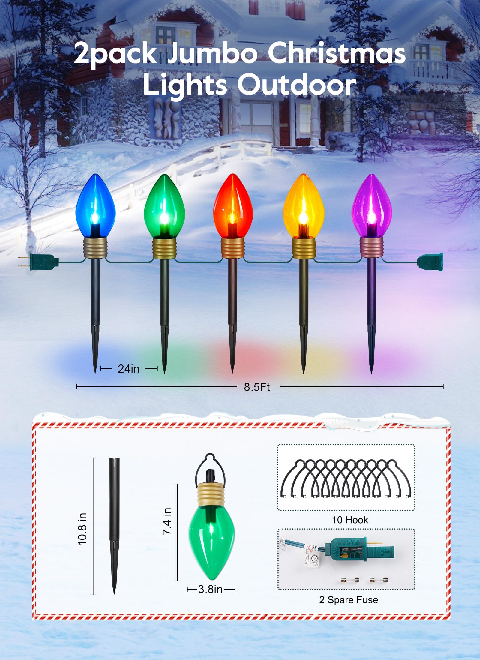 Moonflor Jumbo C9 Christmas Pathway Lights - 2 Pack, 17ft, Multicolor LED Outdoor Decoration for Lawn & Garden
