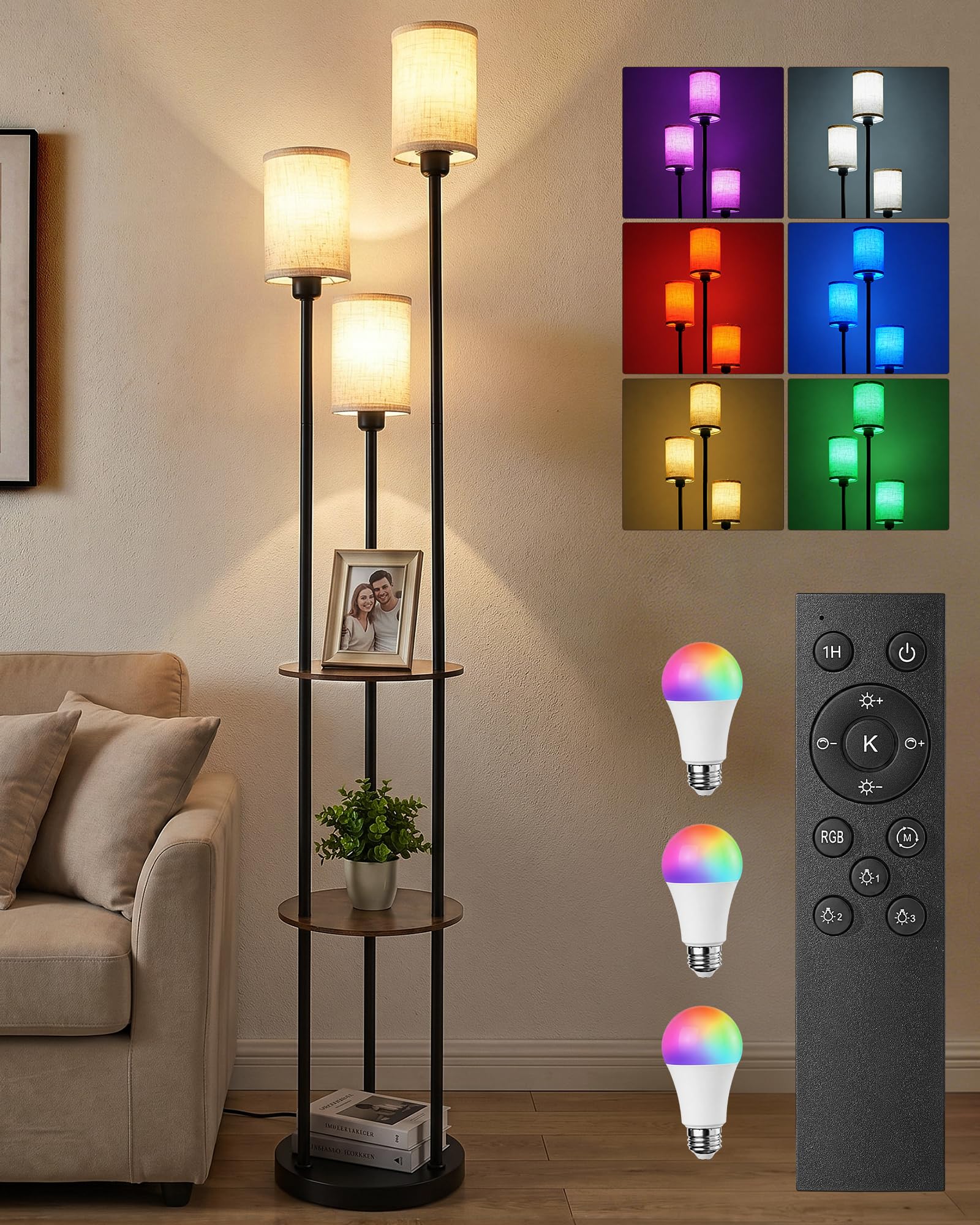 otnofok 71 Floor Lamp with Shelves, 3 Light Standing Lamp for Living Room