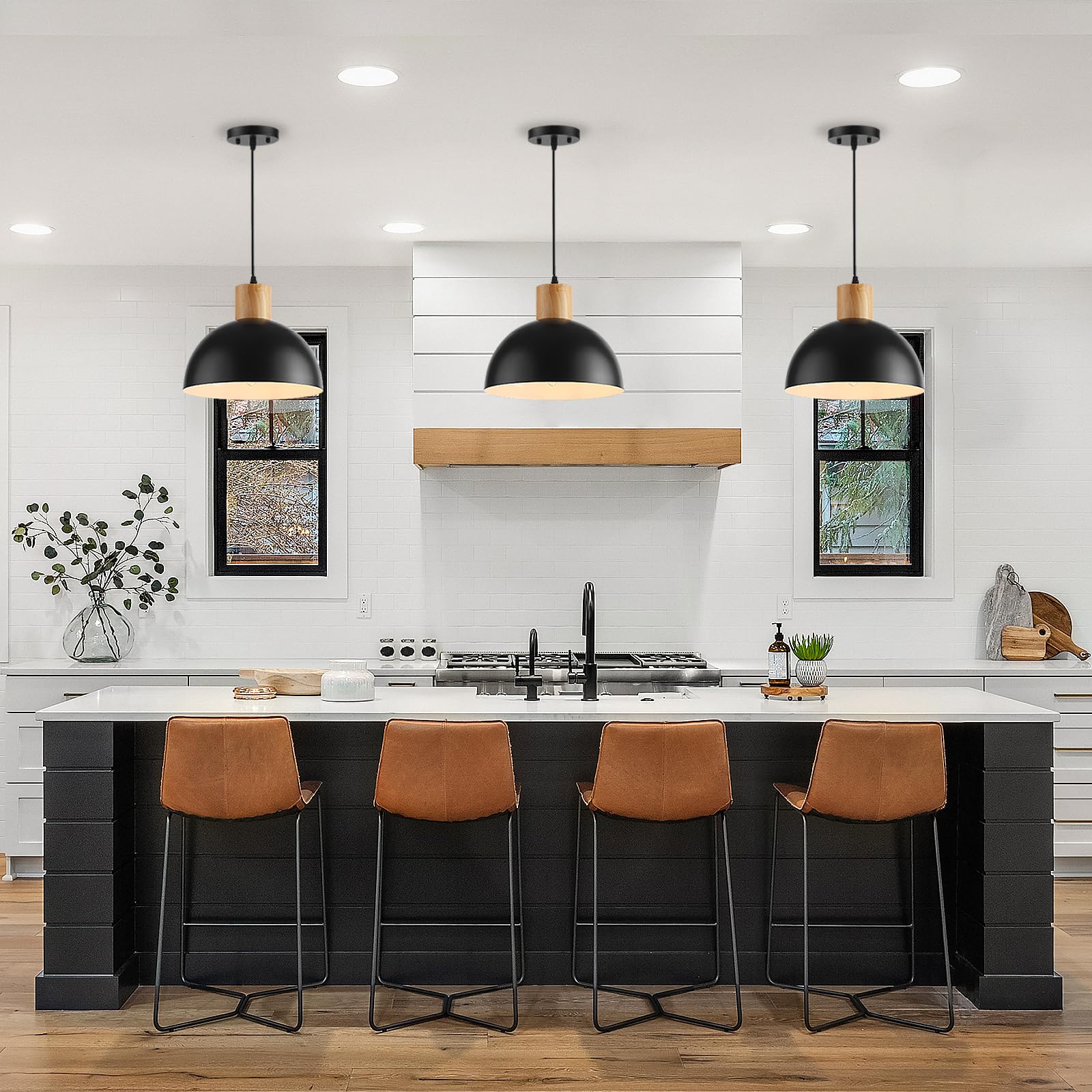 Qianzhan Solid Wood Pendant Light 3 Pack, Modern Matte Black Pendant Lights Fixtures Adjustable Dome Hanging Lighting,For Kitche