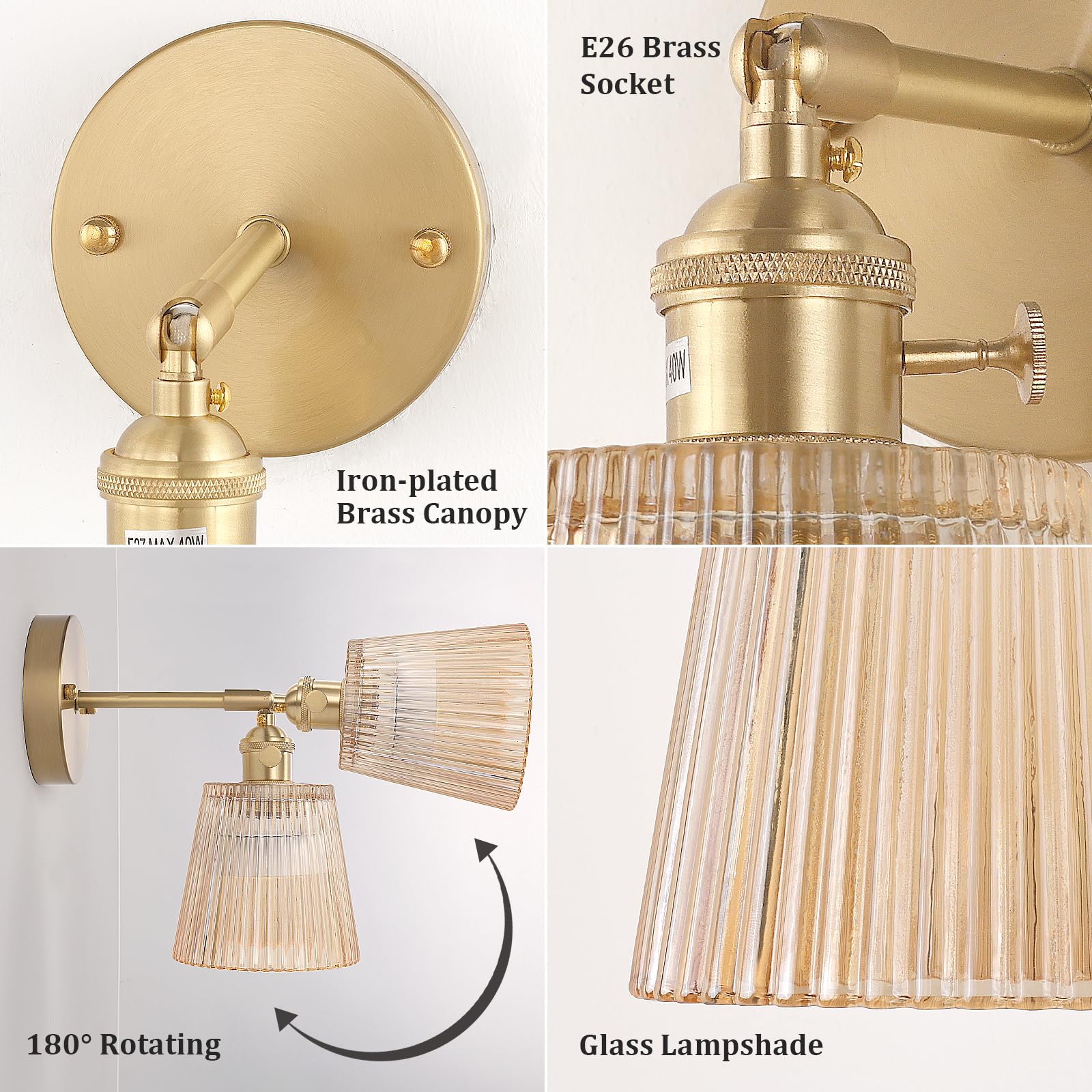 Shenmoyl Vintage Wall Sconce - Amber Glass, Battery Operated, Remote Control, 1 Light, Model 1-9330