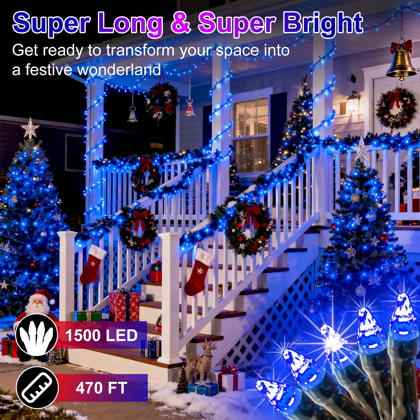 WUXYIYANG 1500 LED Christmas String Lights, 470FT, Waterproof, 12 Modes, Dark Green Wire, Blue Twinkle Lights for Outdoor Decor