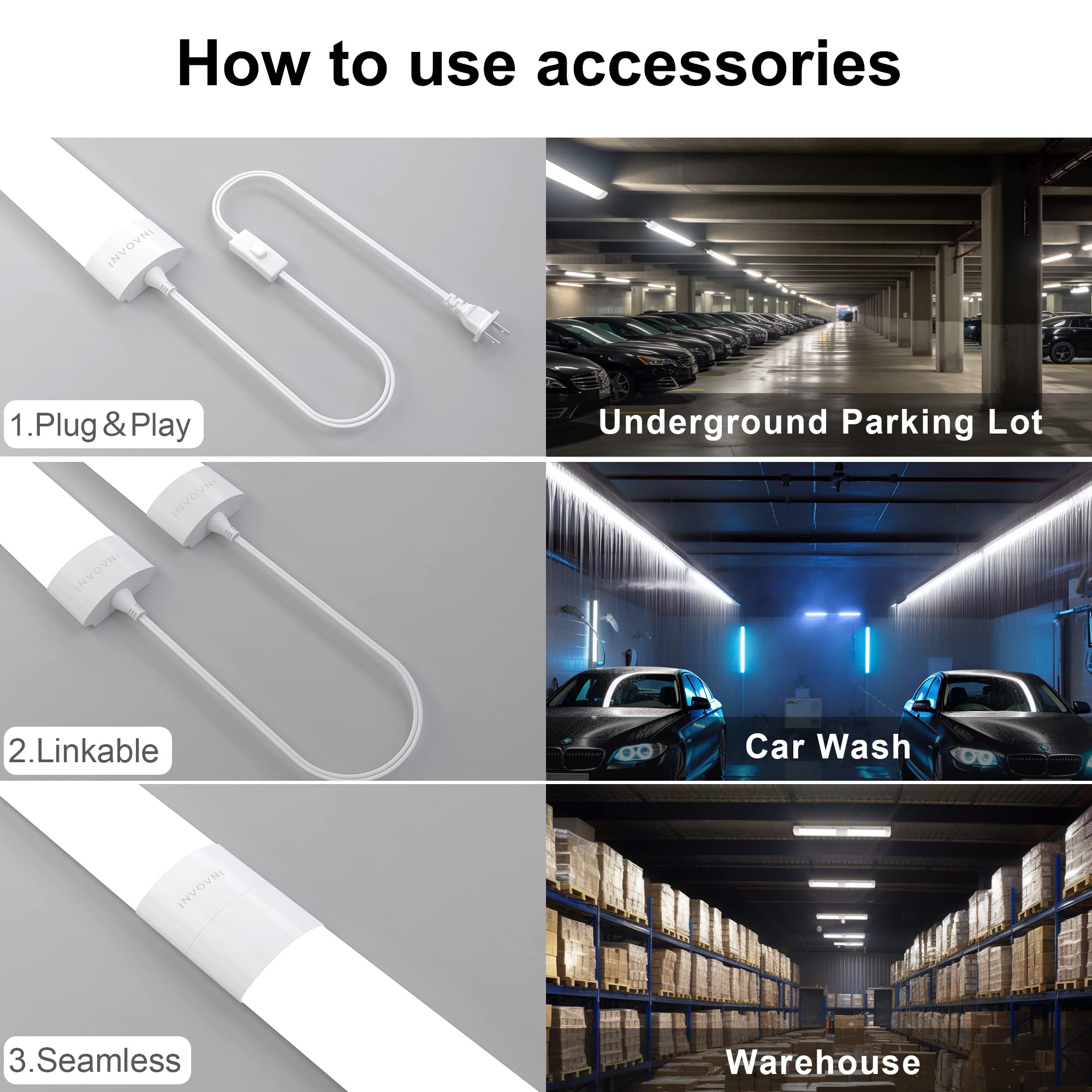 Invovni Plug In Light Bar With Switch, 2Ft 18W 5000K 2000Lm Under Cabinet Lighting, Led Ggarage Lights For Ceiling Wall Kitchen Bathroom Shelf Workbench, Linkable Tube Light, 2Pcs