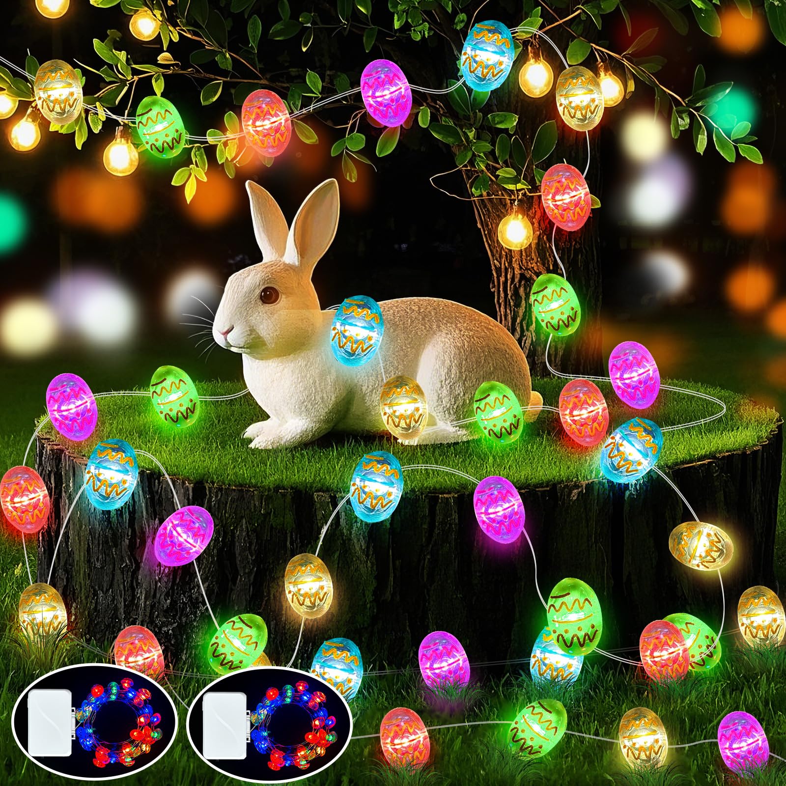ZGWJ Easter String Lights Outdoor, 2 Pack Easter Eggs Lights Battery Operated 16ft 50LED Waterproof Decorations Indoor Home Bedr