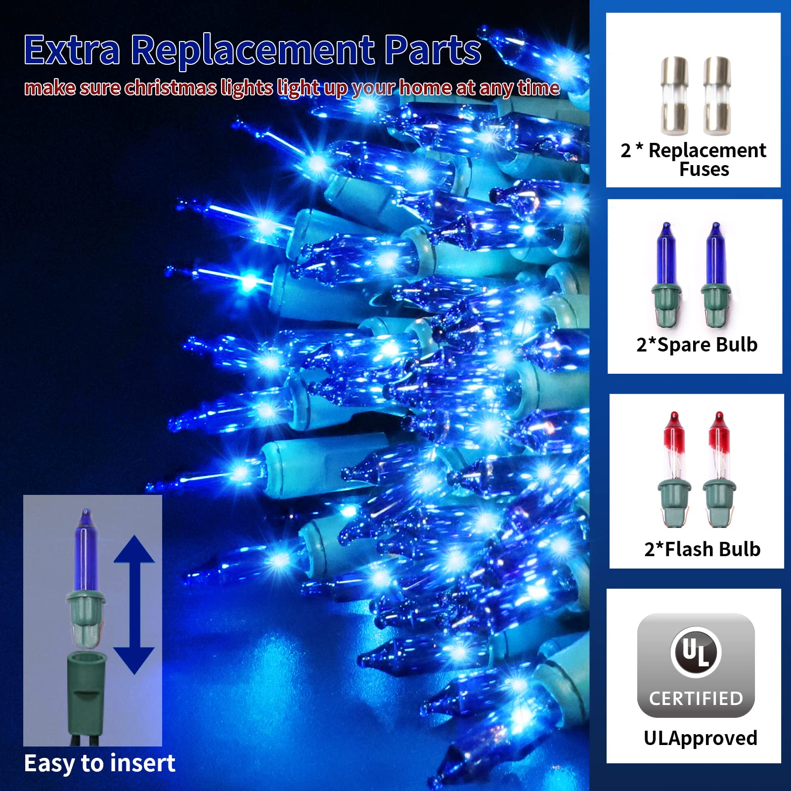Twinglehome Ultra-Bright Connects End To End Blue Christmas Mini Lights 100L 19.6Ft Ul Listed Incandescent Bulb String Light Set For Indoor Outdoor Holiday Garden Party Christmas Tree Garland Decor