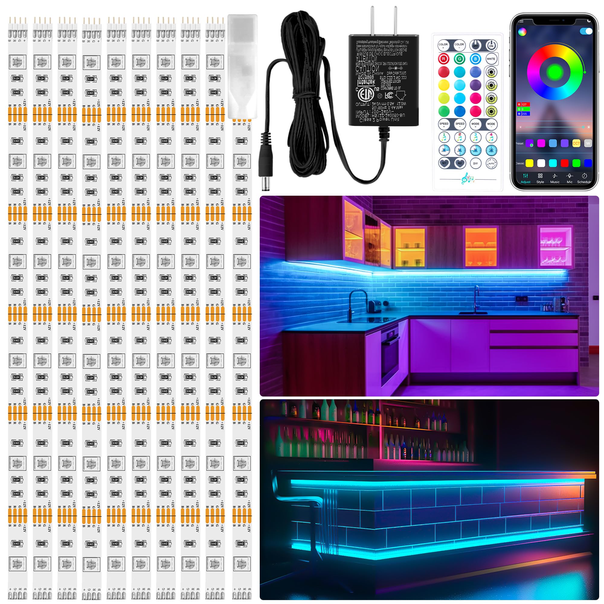 LAFULIT 10 PCS RGB Under Cabinet Lights Kit, App and Remote Control Led Strip Lights, Music Sync Color Changing Led Lights, Plug in Light for Cabinet, Counter, Shelf, Bookcase, 13ft