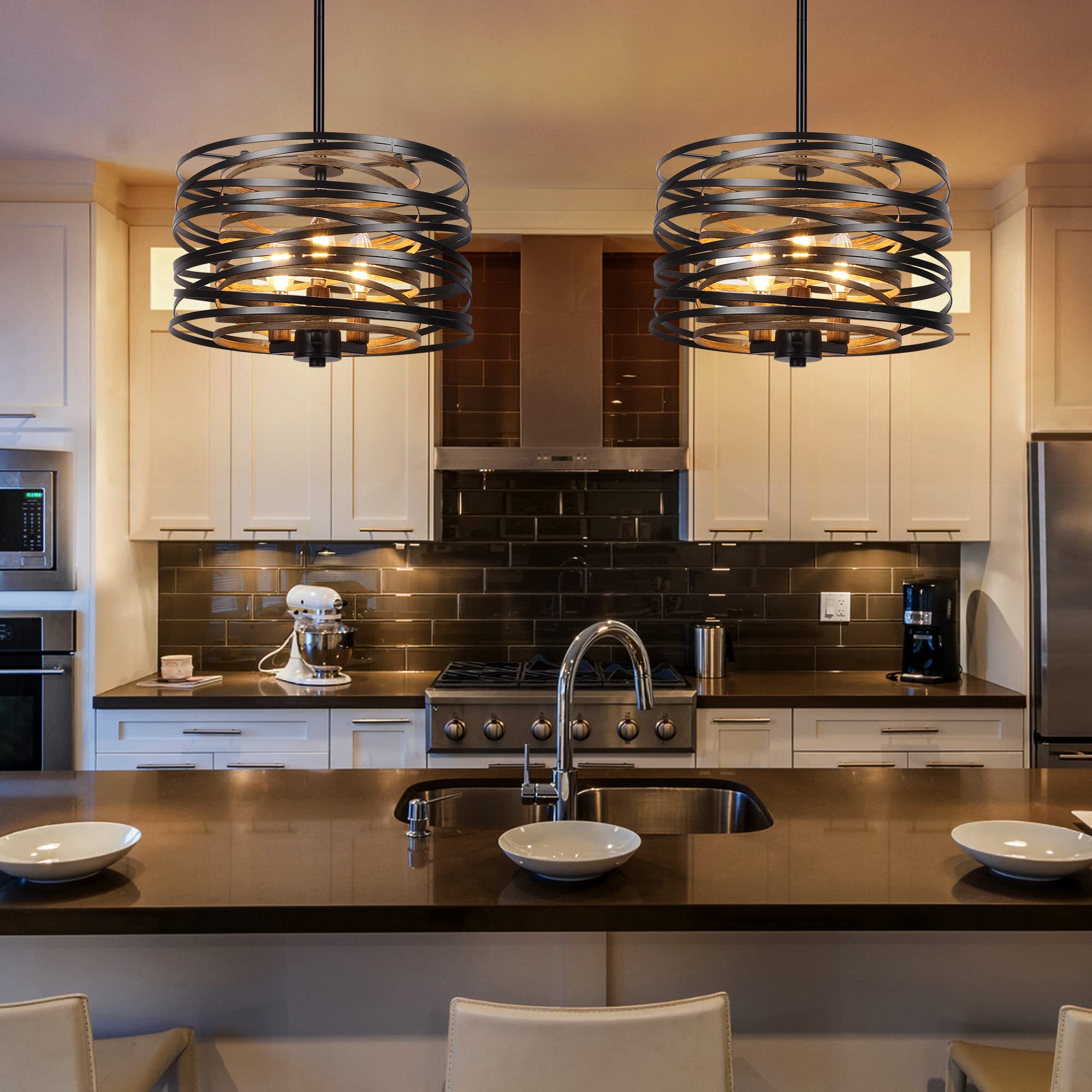 12.6'' Farmhouse Chandeliers For Dining Room, 3-Light Industrial Metal Hanging Light Fixture, Rustic Drum Pendant Light For Entr