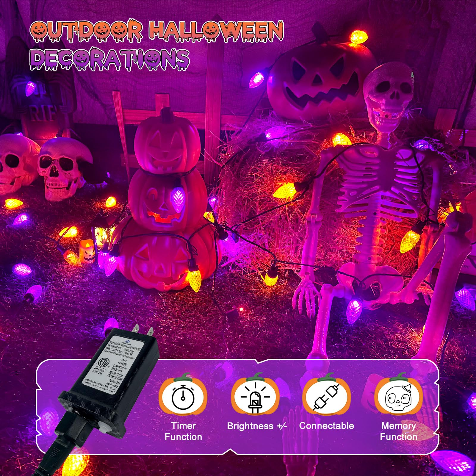 LORRYTE 2PK C9 Halloween String Lights - 100 LED, 98FT, Purple & Orange, 13 Modes, Waterproof, Indoor/Outdoor Decorations