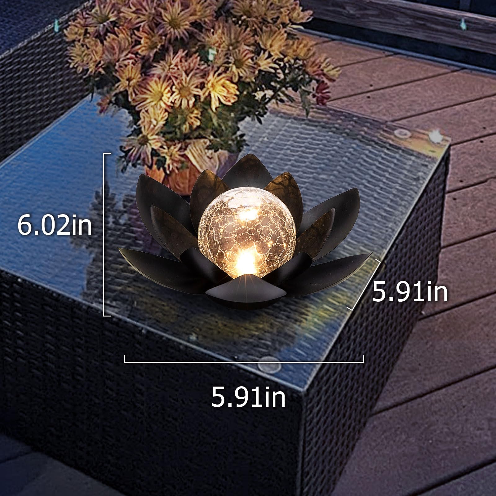 Huaxu Solar Lights Outdoor Garden Decor Metal Black Lotus Decoration, Crackle Globe Glass Waterproof Led Outside Table Lamp For