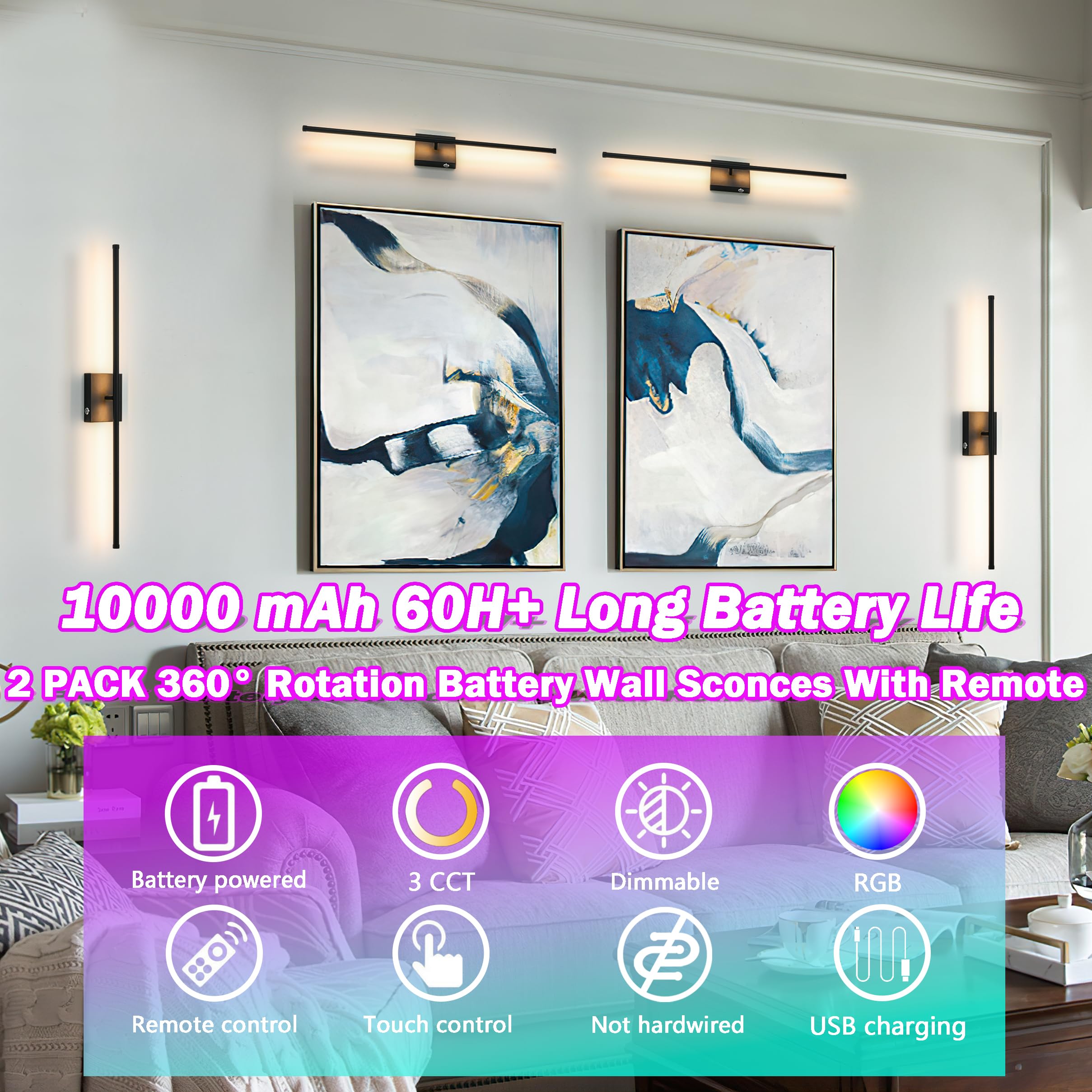 Wireless Sconces Set Of 2,10000 Mah Large Capacity Battery Wall Sconce Up To 70 Hours Use Time,360 Rotation Rgb Multiple Colors,
