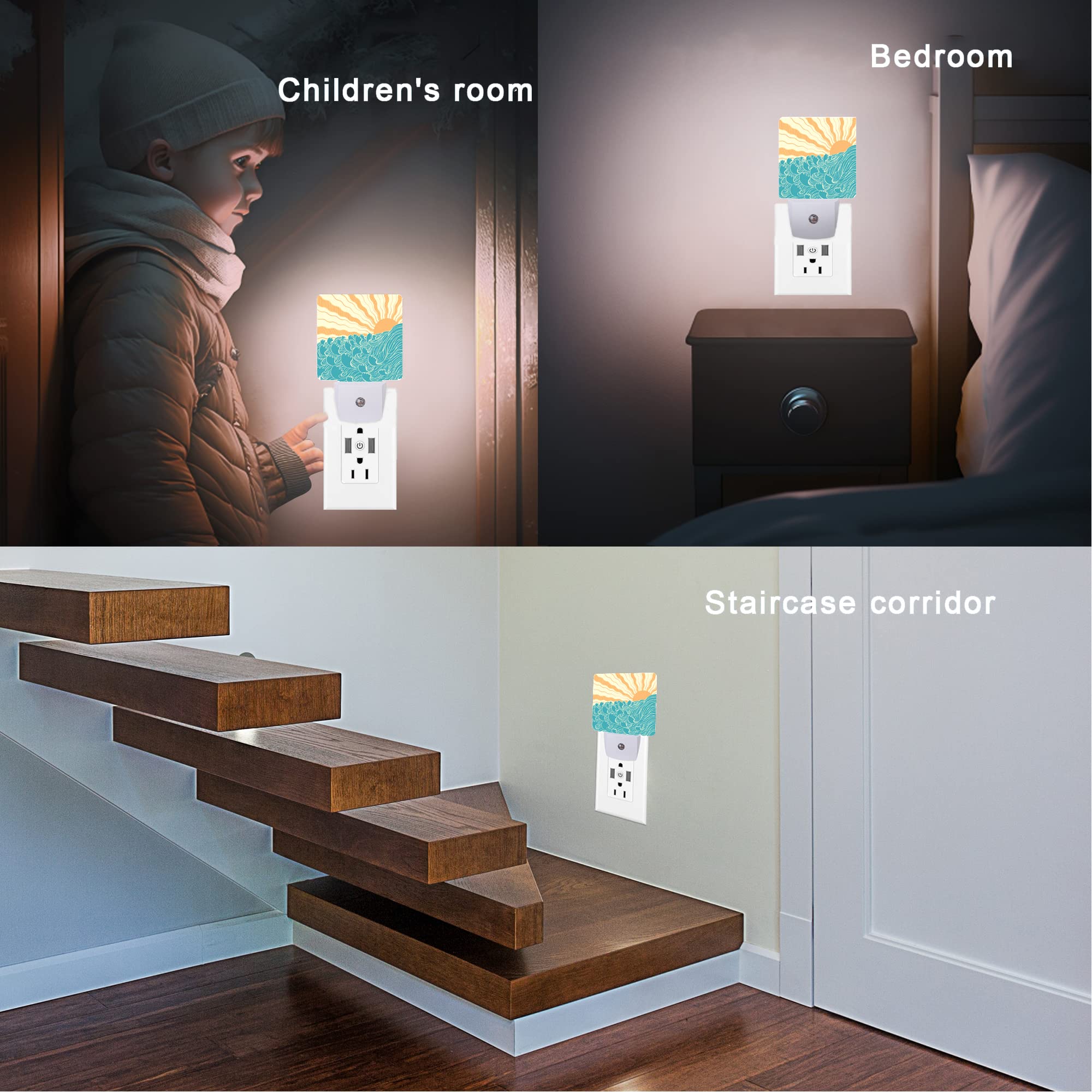 Oeaskly Waves Night Light,Sea Landscape Sun Plug-In Night Lights With Dusk-To-Dawn Sensor For Women/Girls/Boys Gift Sleep Friend