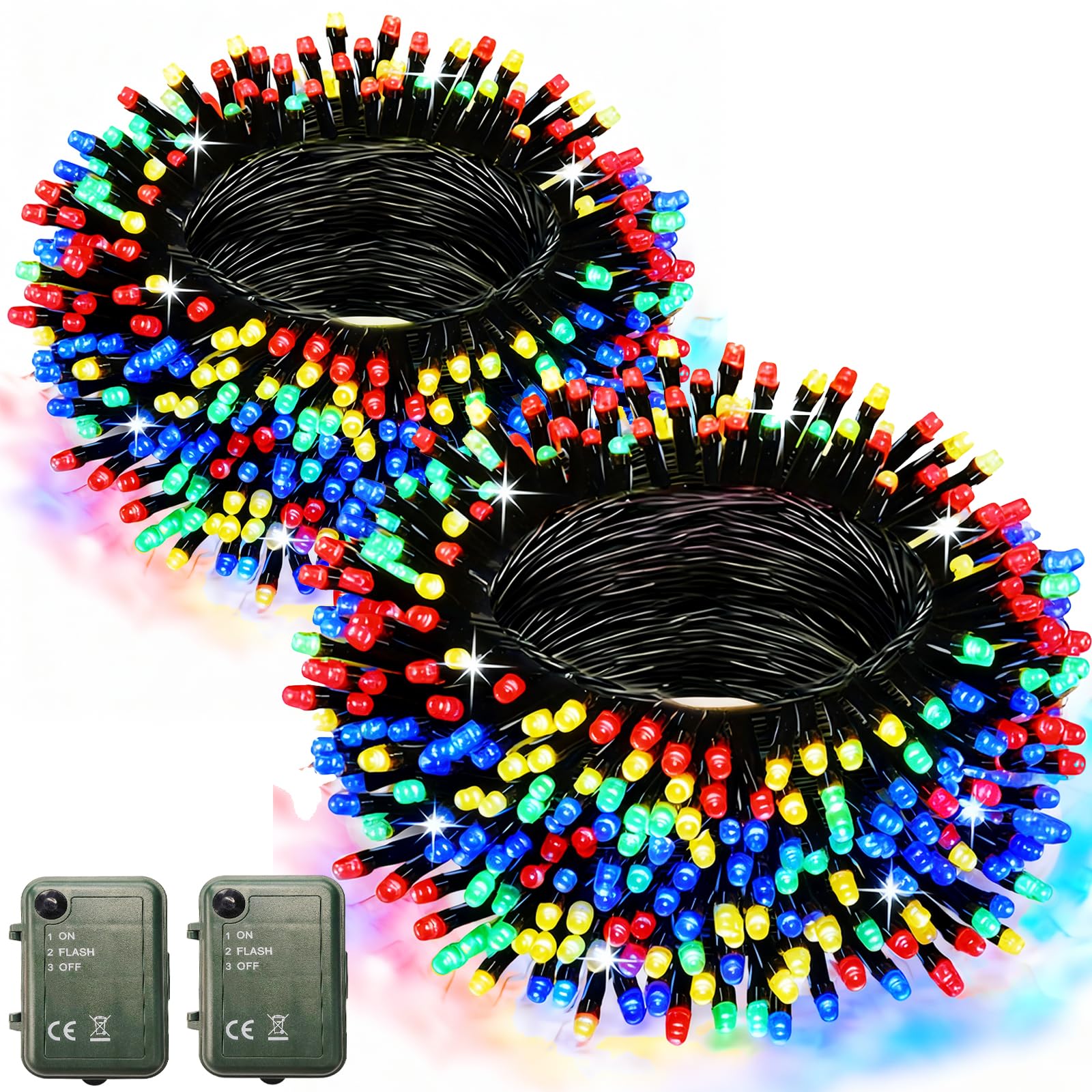Colorful String Lights Battery Powered  2 Pack Total 66.6 Ft 200 Led Christmas String Lights Indoor Outdoor Decoration  Twinkle Fairy Light For Classroom Dorm Bedroom Xmas Tree Party Decor